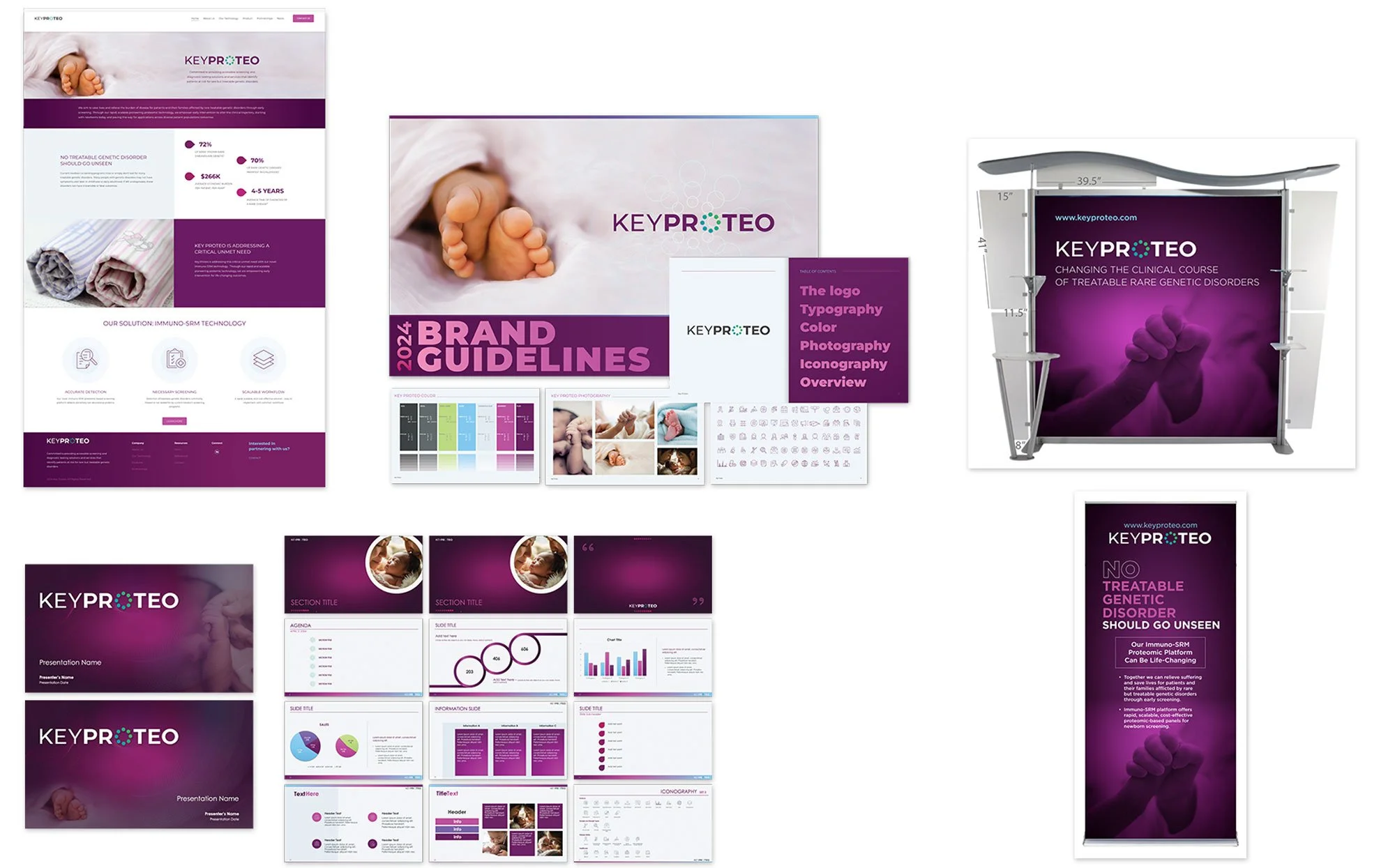  Comprehensive brand system development for Key Proteo, a proteomic diagnostics company specializing in newborn screening for rare genetic disorders. Created complete brand identity, including website design, trade show signage, presentation template