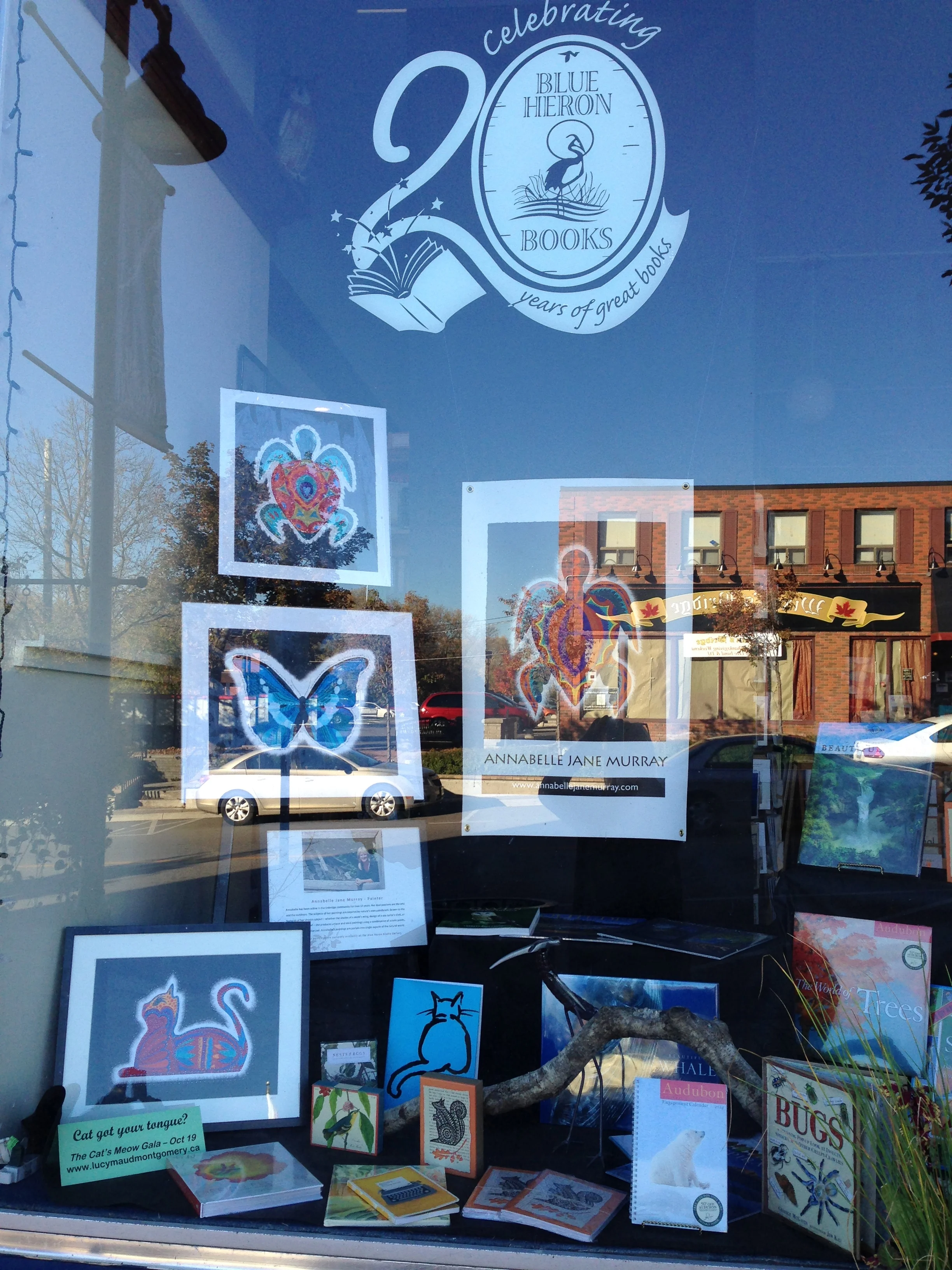 Window display of my work at Blue Heron Books, Uxbridge, ON
