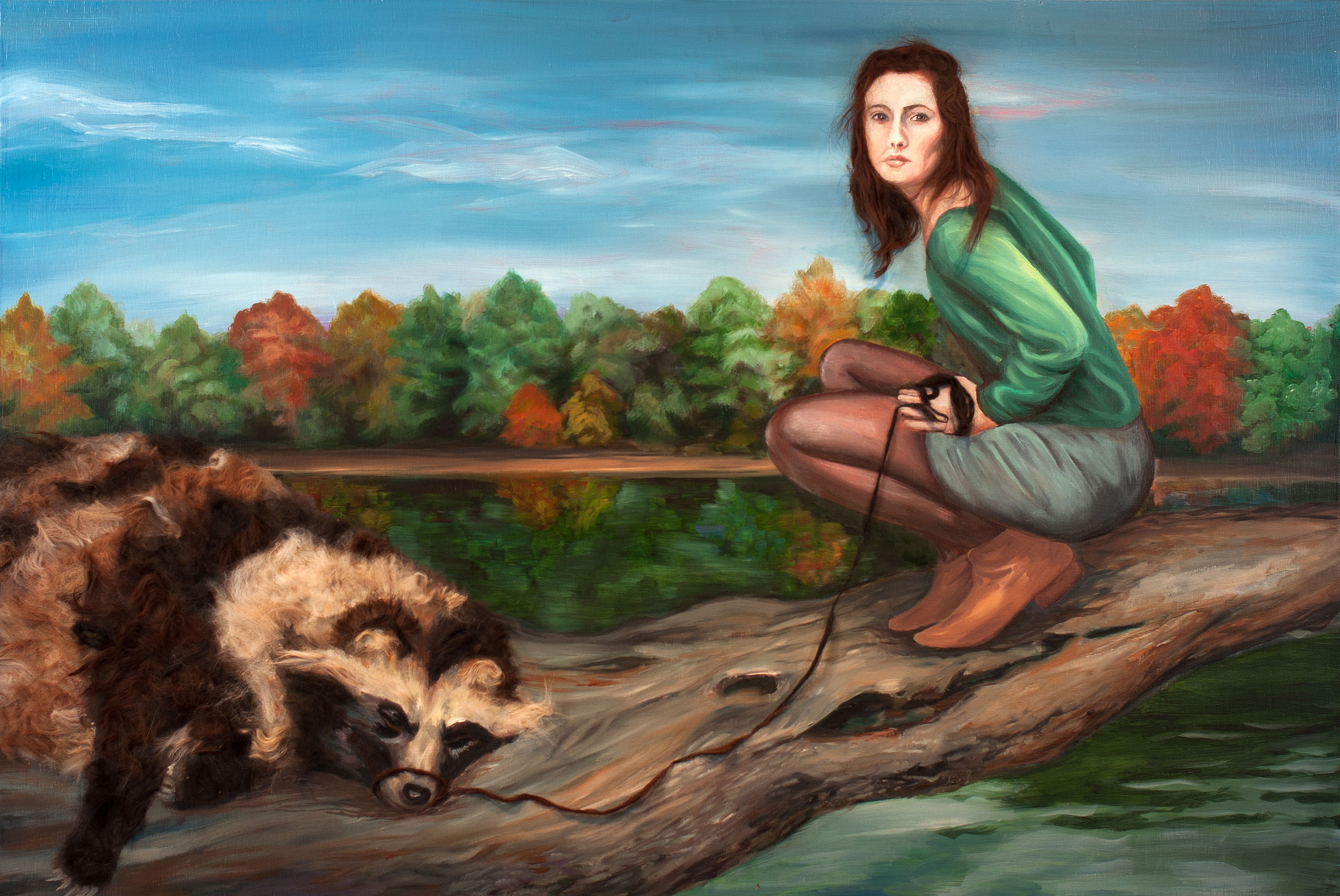    Post Hunt&nbsp;  (2012)  oil, acrylic, and animal fiber on panel  29" X 48" 