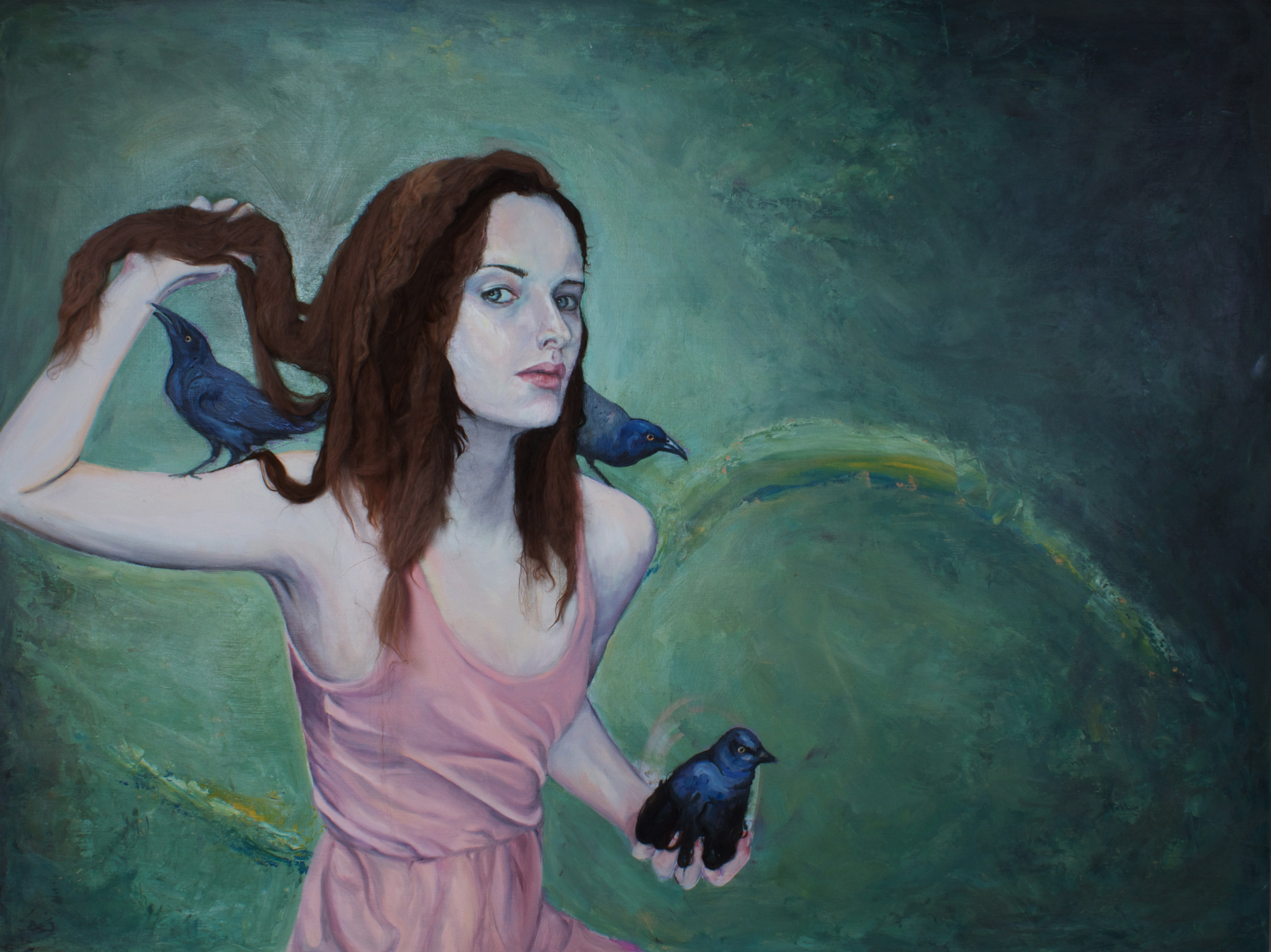    Between Swarms   (2011)  oil, acrylic, and animal fiber on panel  48" X 72" 