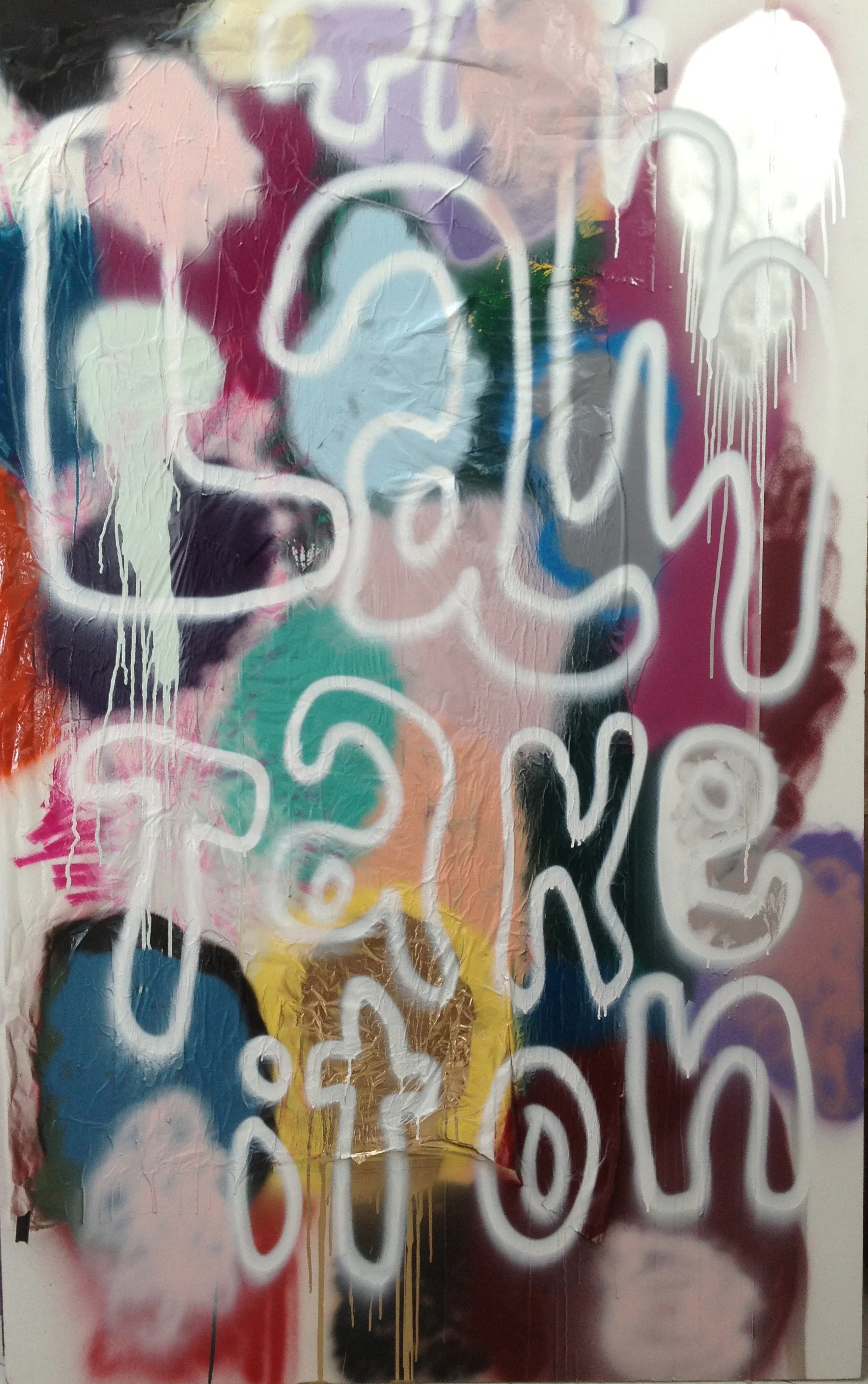 Take it on the Lam, 76 1/2" x 48", Acrylic, Oil Stick, Marker Masking Tape, Paper on Foam Core