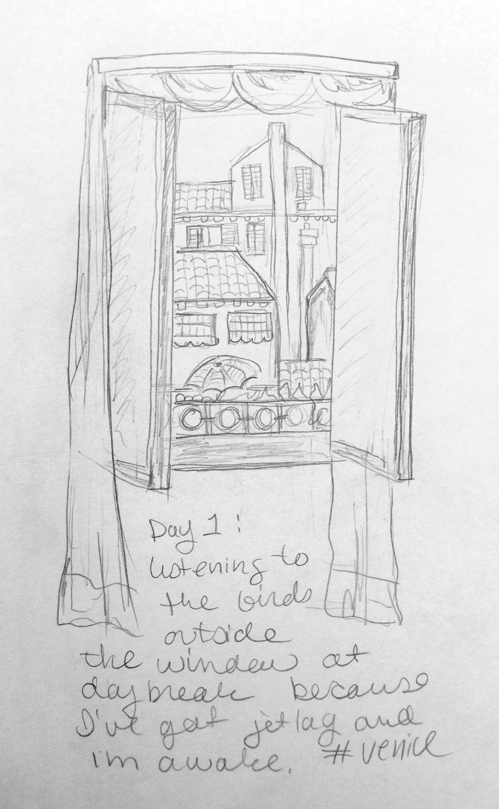 Our first stop in Italy was Venice, I had jet lag so I was awake early and listened to the birds chirping outside our lovely window in our hotel. I love seeing all of the windows and flower boxes of the houses in the neighborhood and the clothes hanging on the lines.
