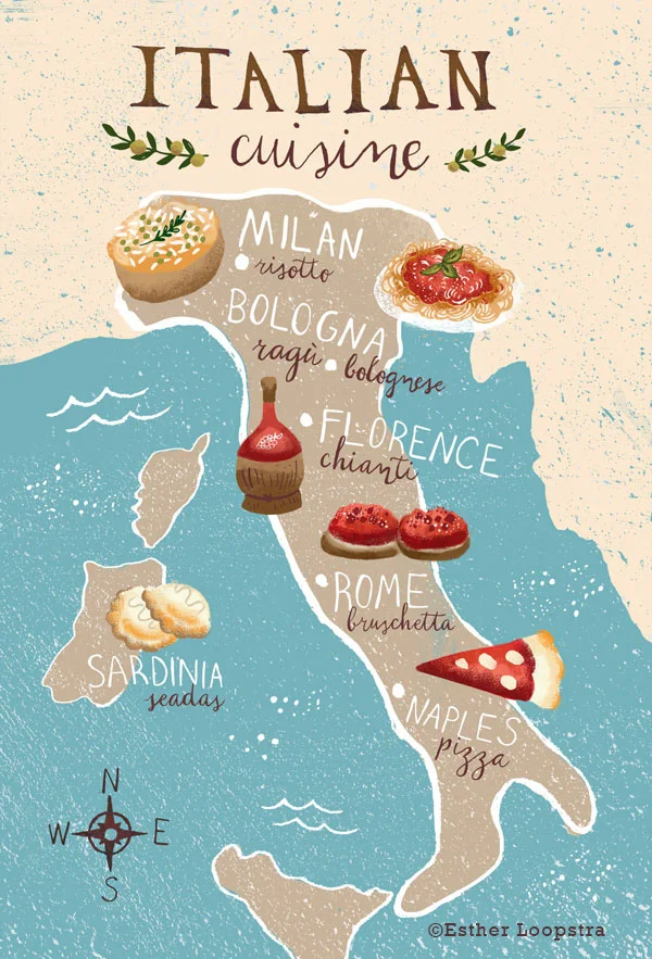 Italian Cuisine, Illustrated Food Map of Italy