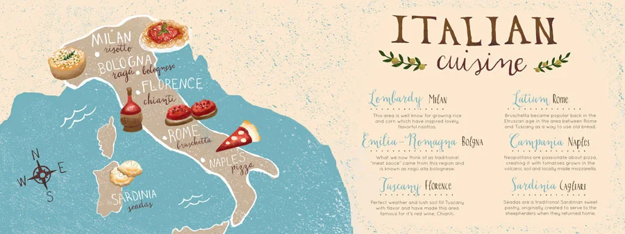Italian Cuisine, Illustrated Food Map of Italy, Magazine Spread
