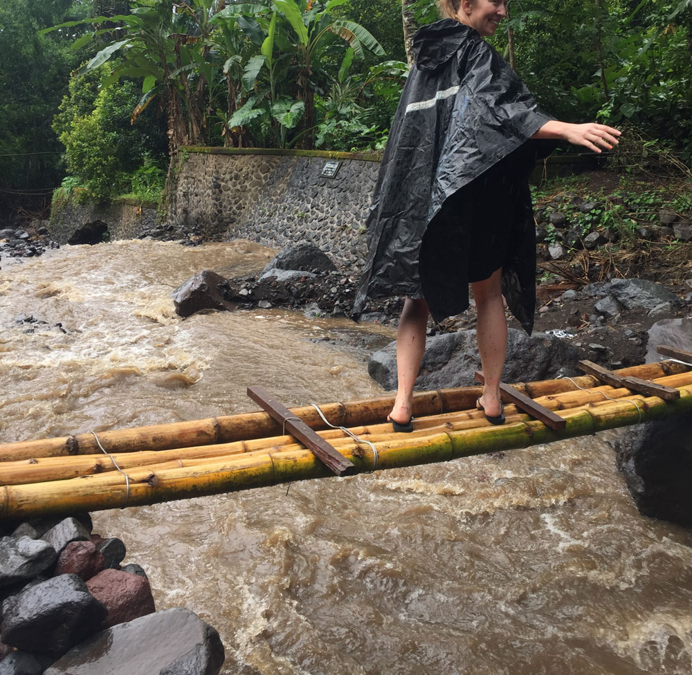 On a hike to a waterfall, we crossed a raging stream on this slippery bamboo "bridge". And my friend did it in flip flops! Bravo!