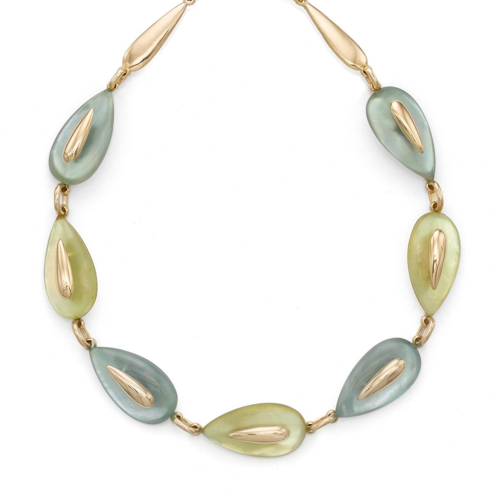 ARCADIAN greens and blues evoke an impressionistic palette of pastoral hues in this 18k gold , green citrine and blue topaz necklace from our Usonian collection. Floating, soft, modernist shapes allow the eye to explore a luminous and sculptural form