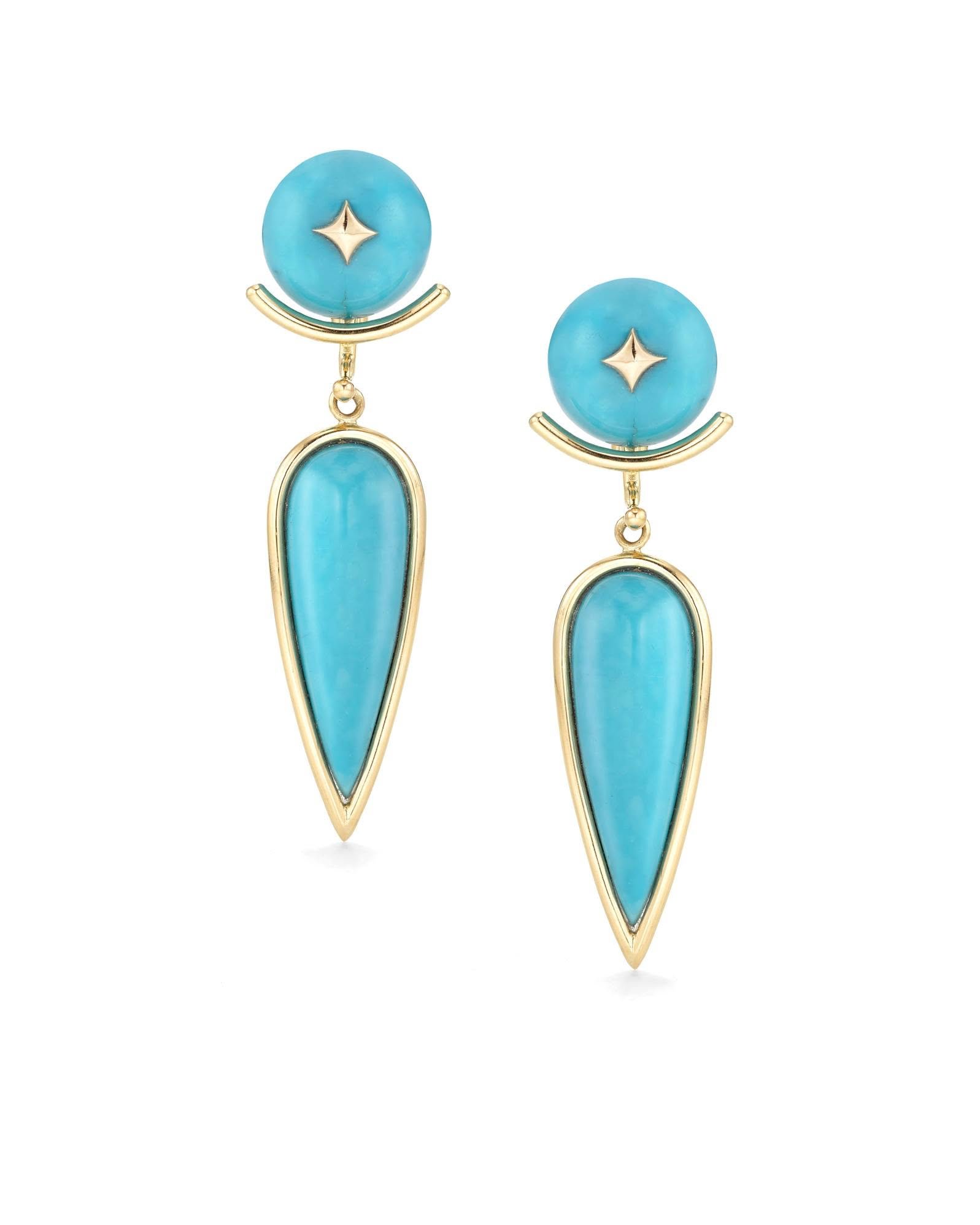 GRECO EGYPTIAN ... influences combine in our 18k gold and turquoise &quot;Amphora&quot; earrings to form a new modernism... one that imagines an ancient future. 
.
.
.
.
 #collectibledesign #studiojewellery #metiersdart #artjewellery #hautecouturejew