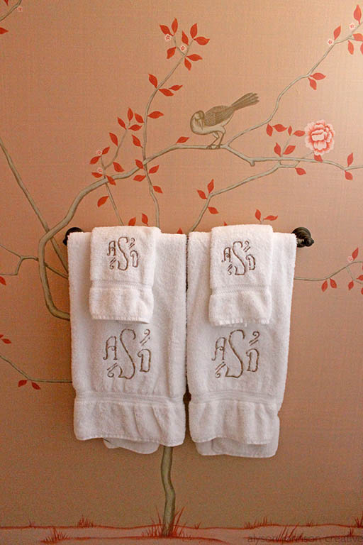 Chinoiserie Bath Mural, towel tree