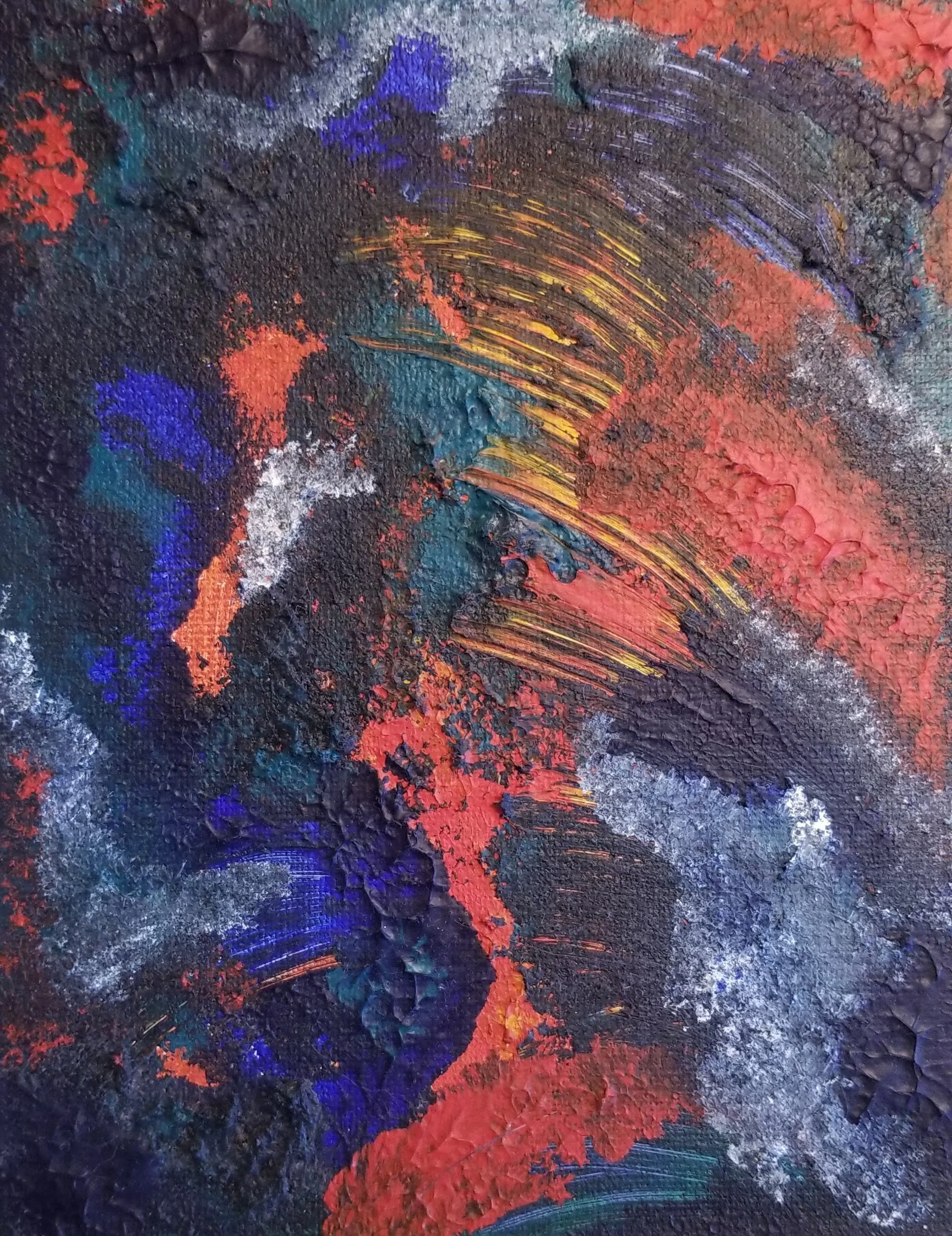 Close-up of an abstract painting with textured black and dark gray background, vibrant red, blue, white, and yellow splashes and streaks, and layered brushstrokes creating a dynamic composition.