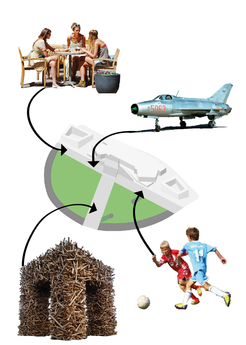 Art with life Science, history, sport, art and everyday life are overlapping. The area around the museum should not become an arts ghetto. It can reflect the history of aviation of the area, as well as the daily life’s of the Moscow citizen. 