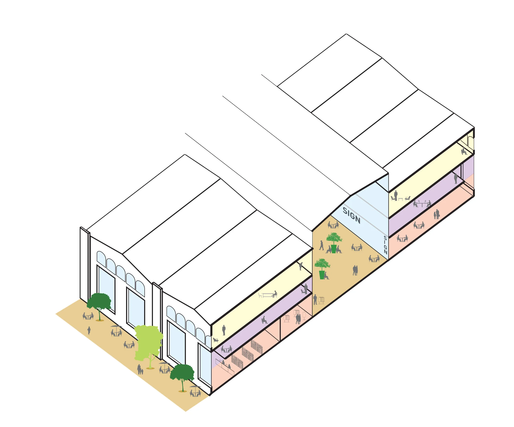   Industrial renovation/inhabitation   The industrial units are allowed to be inhabited as their users desire, but the ground floor use must be of a more public nature – a bookshop, open studio, gallery, café, whatever makes sense with their lifestyl