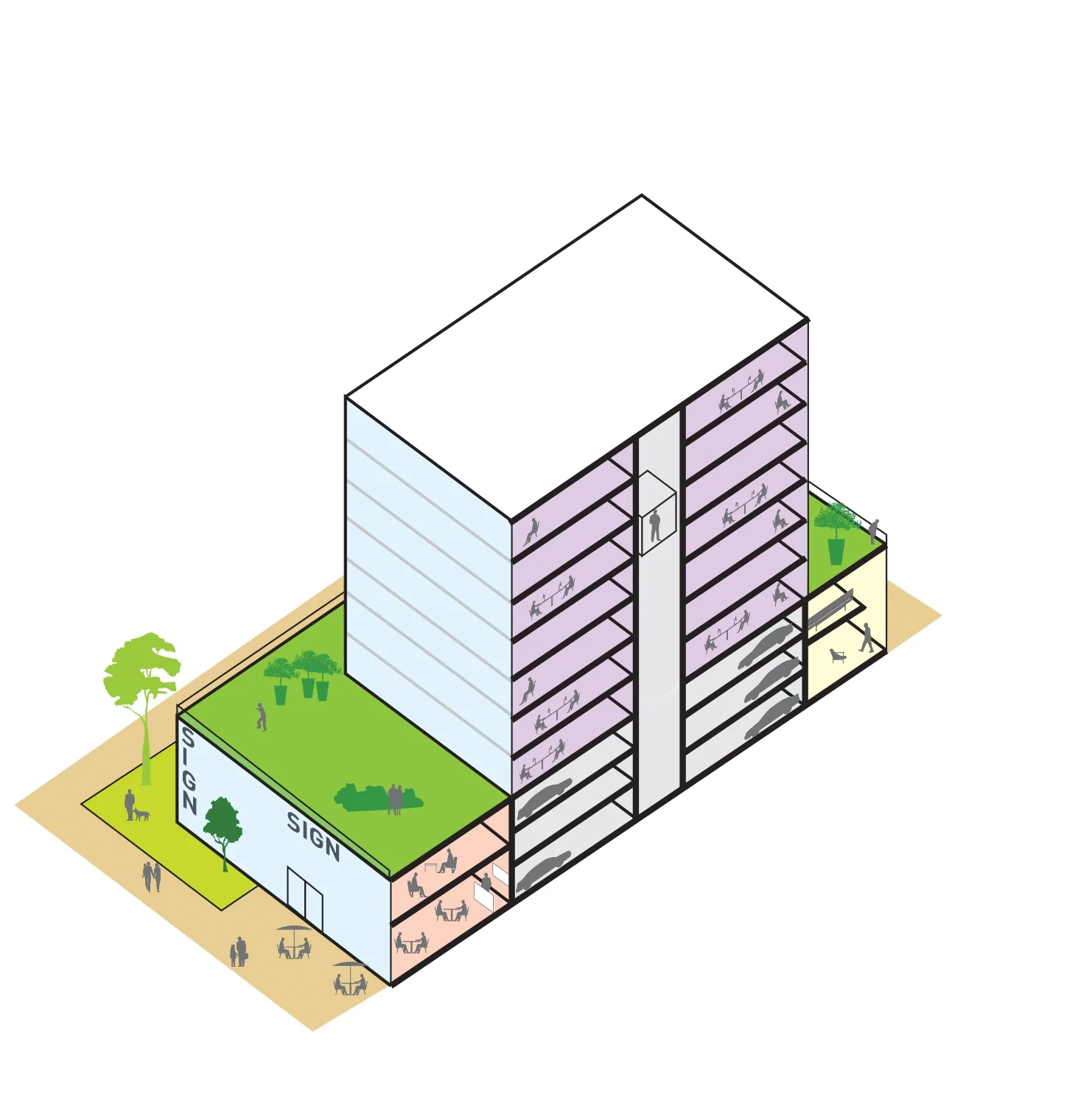   Office typology   The office typology is topped by a simple open series of floor plates above, while the plinth at ground is generous. It lines the parking garage and allows for a flexible space that can, in time, evolve to be used for small office
