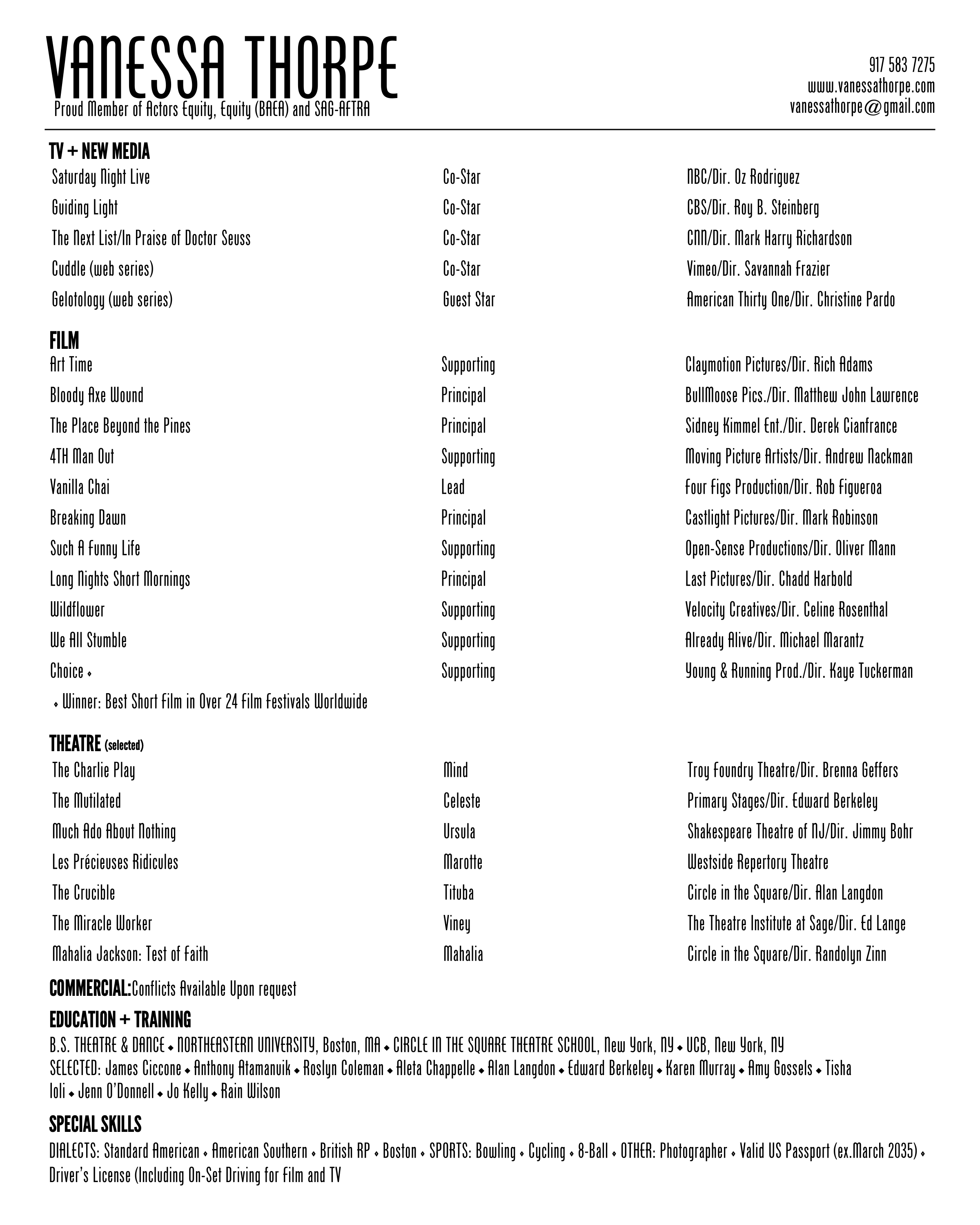 A resume or portfolio of Vanessa Thorpe detailing her work in media, film, theatre, education, and skills, including contact information and credits.