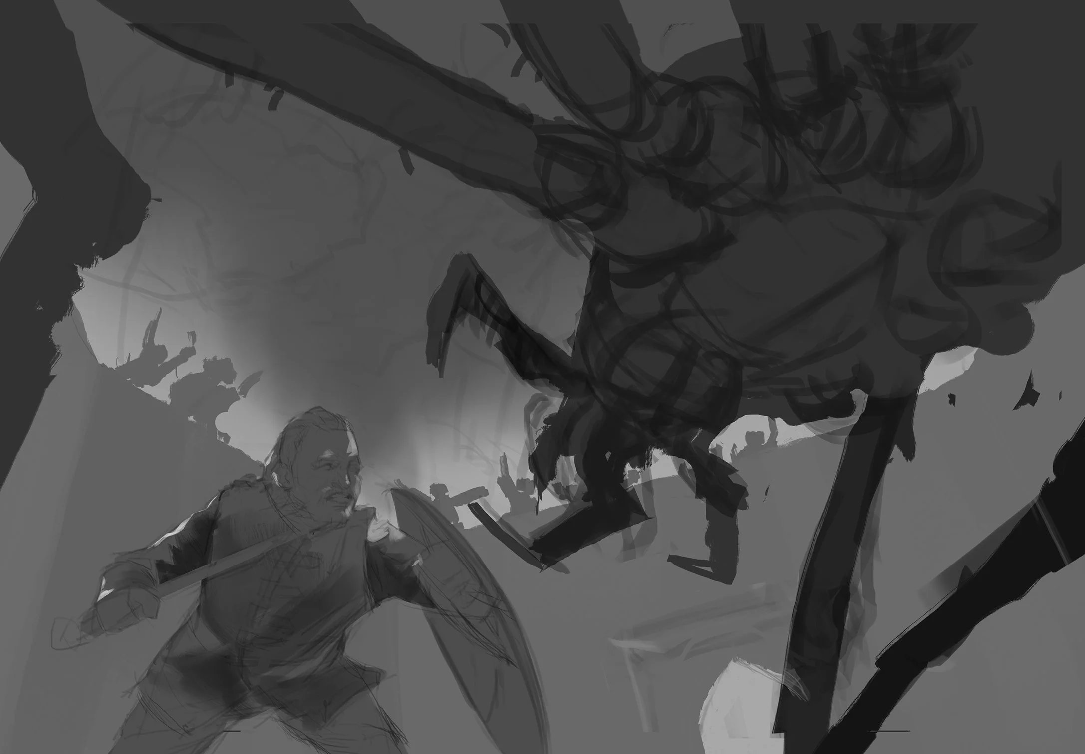  Though the previous composition- scale contrast, more dynamic visually.  Emotionally I prefer this where we are much closer to the main character, more in-the-scene. Also did line art where it will be beneficial to tackle tricky shapes and forms. 