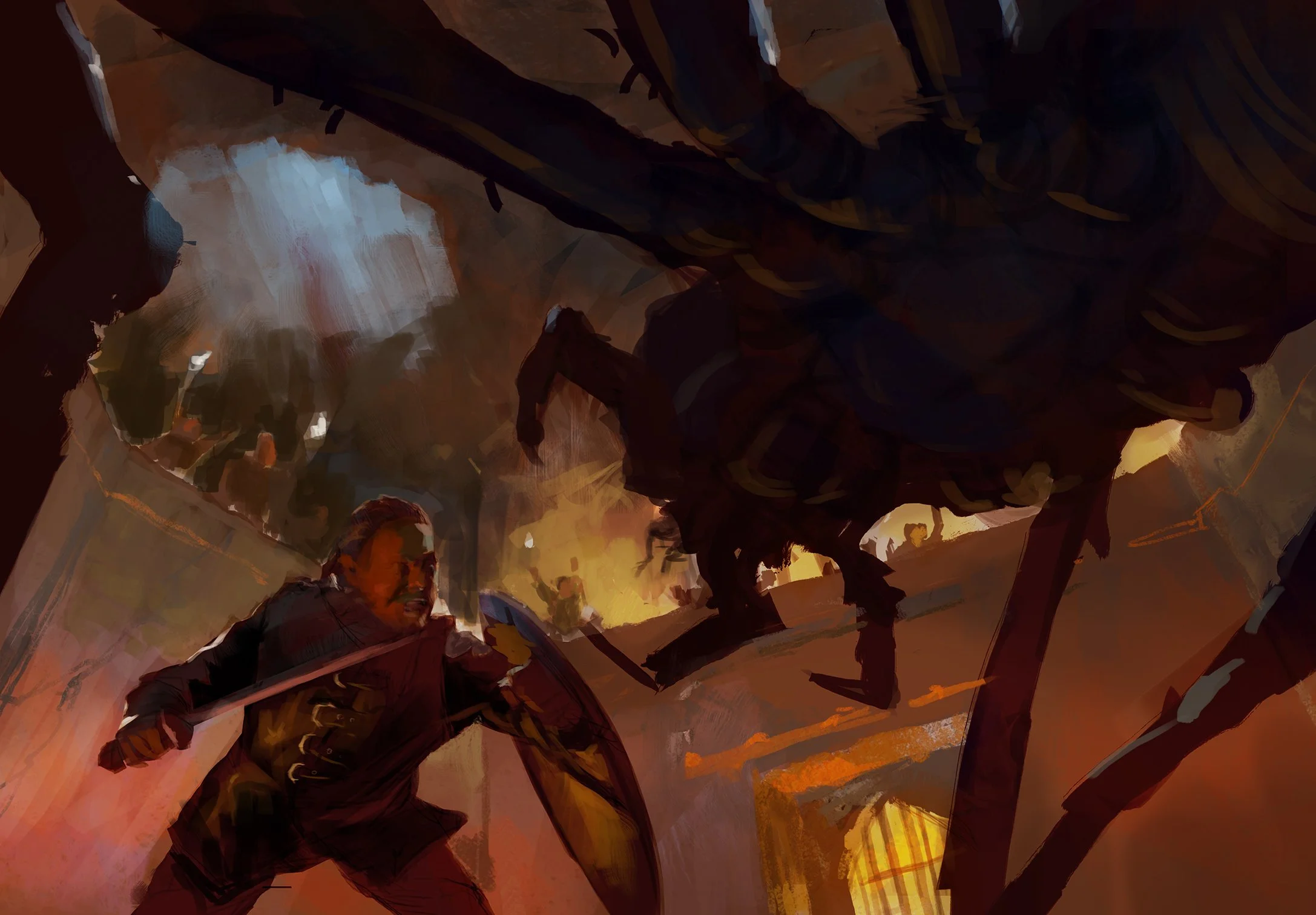 Once I have sorted out general lighting, I did main and secondary colour lay in.  I remembered a scene from Game of Thrones where the hound fight Lord of Light. It was in a cave and some natural moon/ sky light? I went to revisit it and reference ma