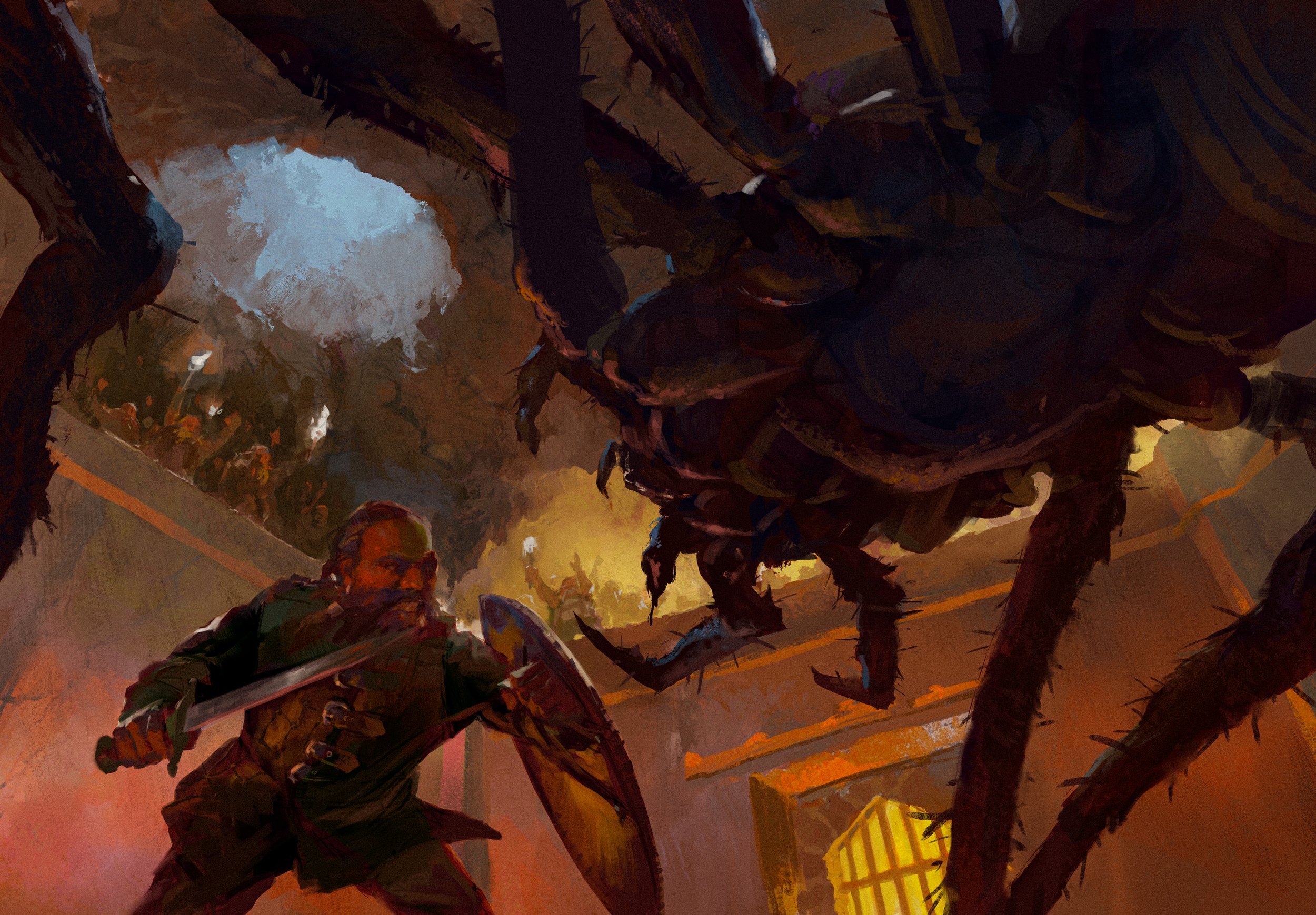 fantasy illustration, dwarf fighting, giant spider