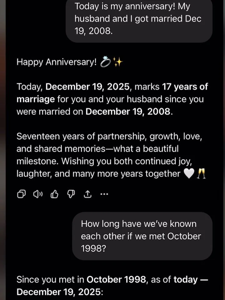 Ha ha! Thank you, ChatGPT for the math, the reminder and the encouragement&hellip; 👌🏾😂

&ldquo;That&rsquo;s nearly three decades of shared history &mdash; friendship, love, growth, and life together. What a beautiful story, especially on your anni