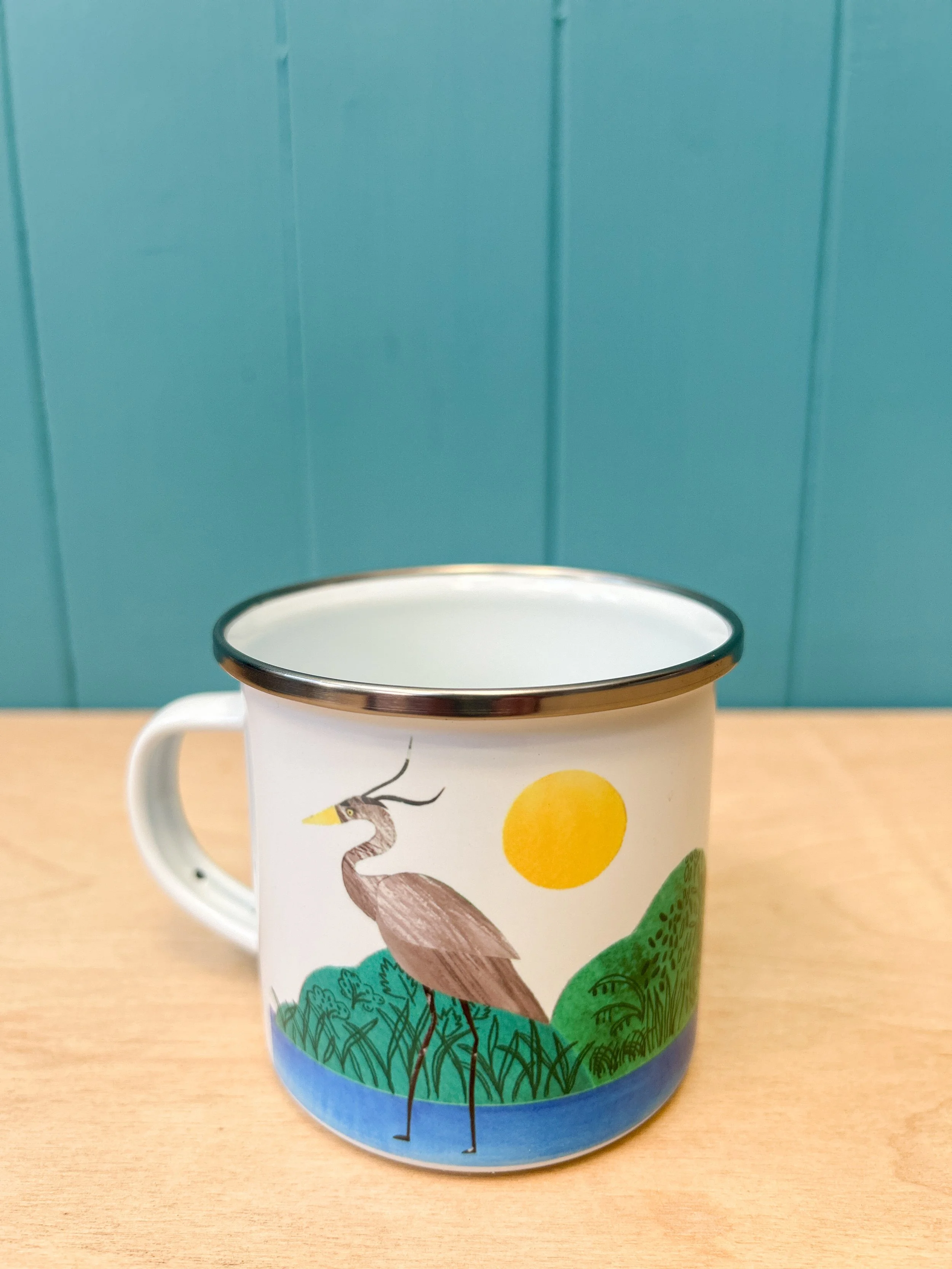 enamel camping mug HERON bird lover.JPG