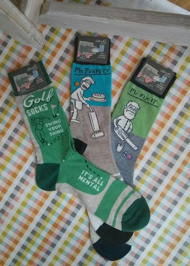 Pithy and humourous and sometimes risque socks from Blue Q in men's and women's sizes.
