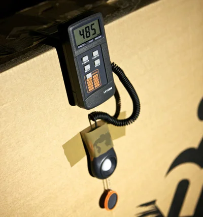 Light output is calculated using a lux calibrated industrial light meter