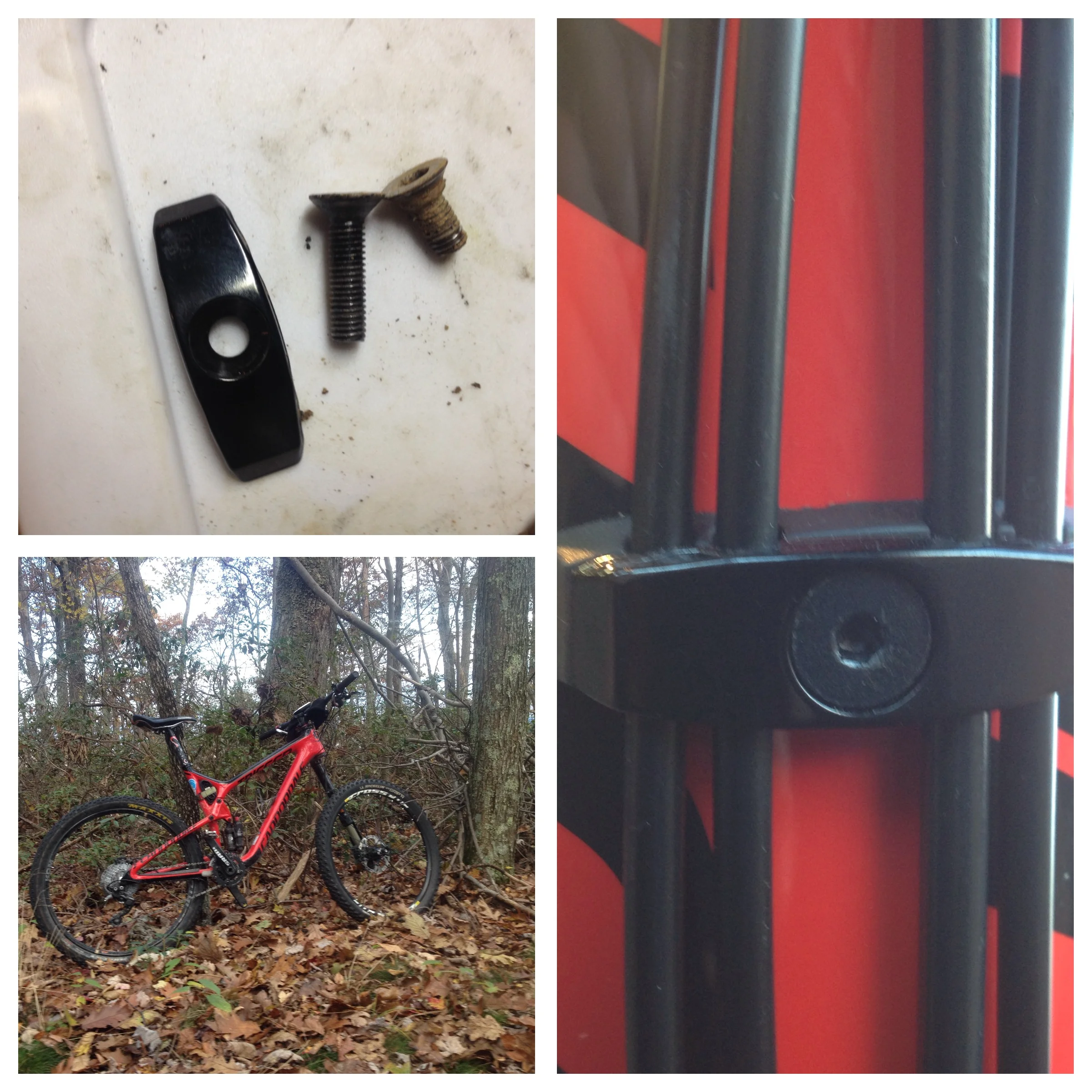 Top left; the cable fixing plate along with the long bolt and a cleat bolt for reference. Right; the bolt and plate on the bottom of the down tube bottom left; my 2015 cannondale trigger-arri.