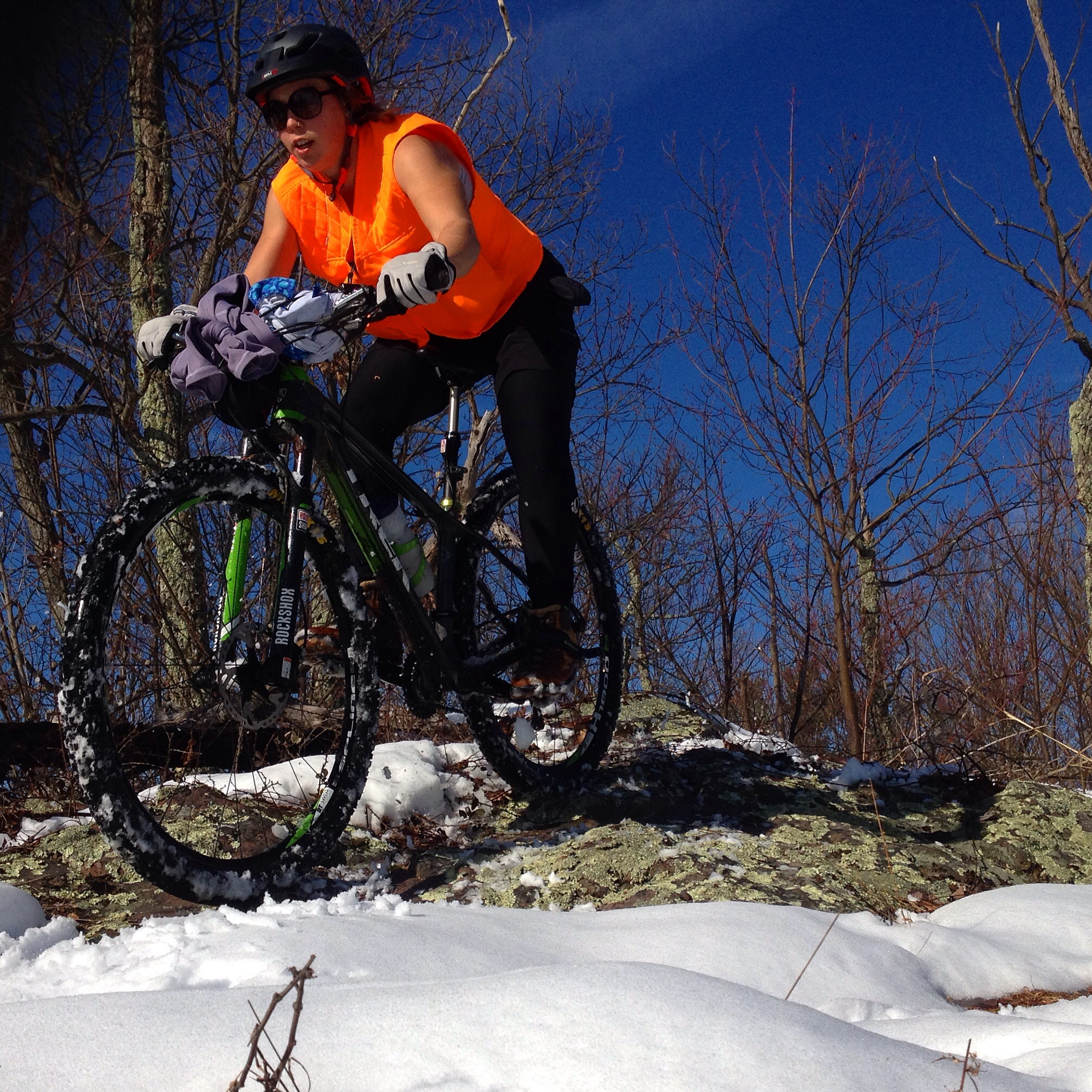 The Birthday girl Lindsey finding the snowless line on the ridge
