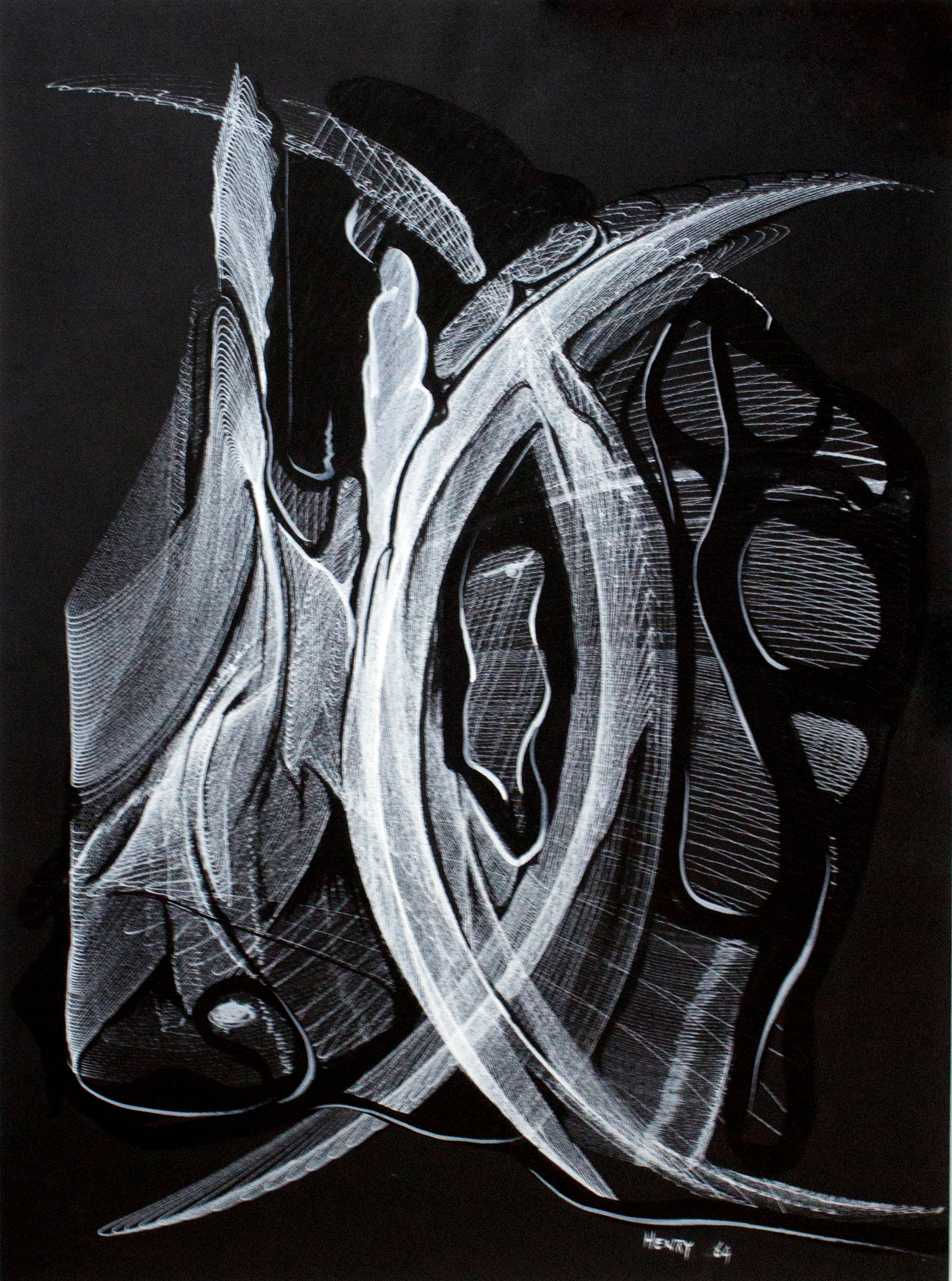  Desmond Paul Henry  Androbulus, drawing machine, white india ink on black cartridge paper, hand embellishments, 15.35"x20.47", 1962 