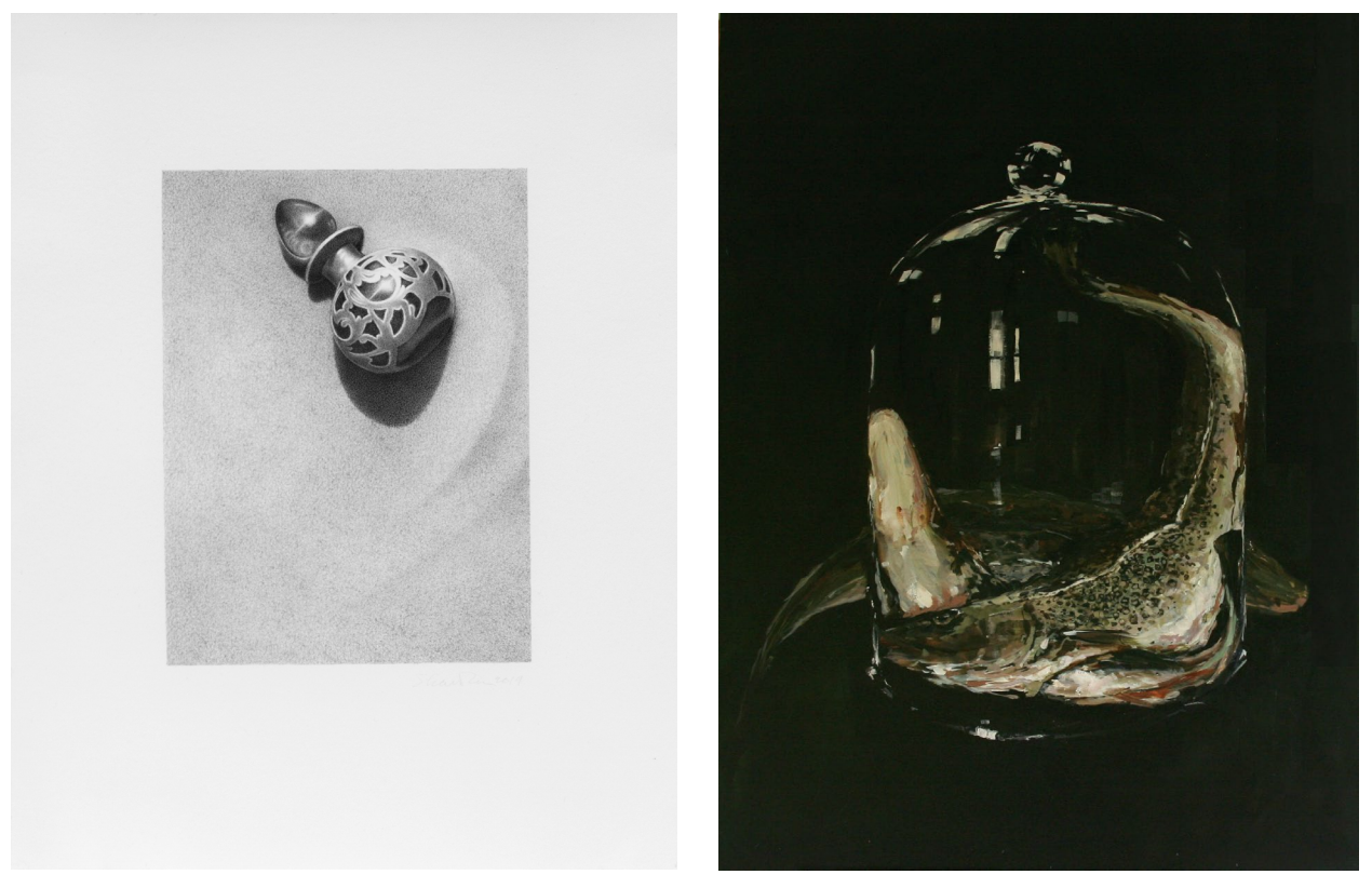 Bill Shattuck, Found , charcoal, 7” x 5 1⁄2” ; Ben Shattuck, Untitled #3 (Three Cod) , oil on board, 48” x 36” 