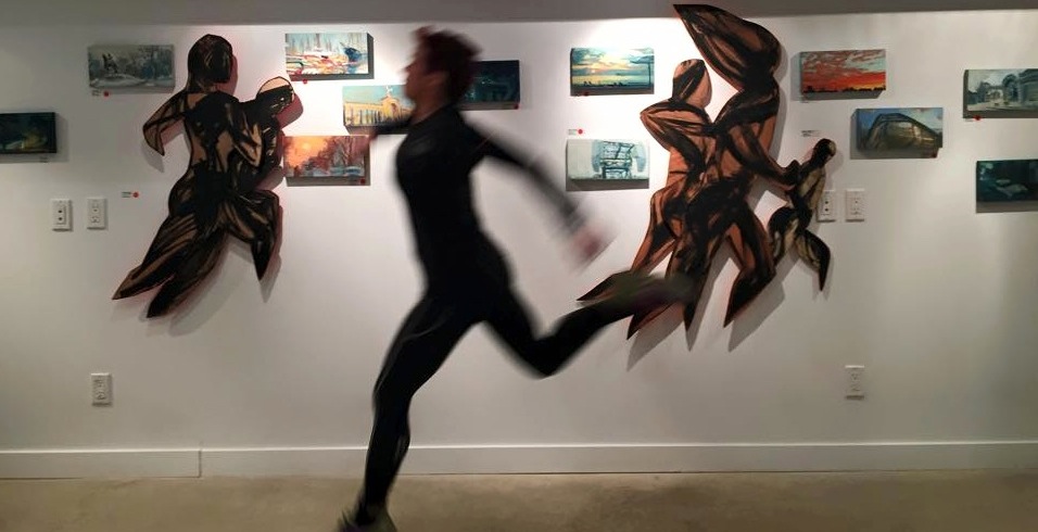 Tara and Annabelle came to the gallery on the last day of the show and took some pictures of me running by the 'run-bys' . These paintings are based on my experiences running through the city, marathon training in Toronto.