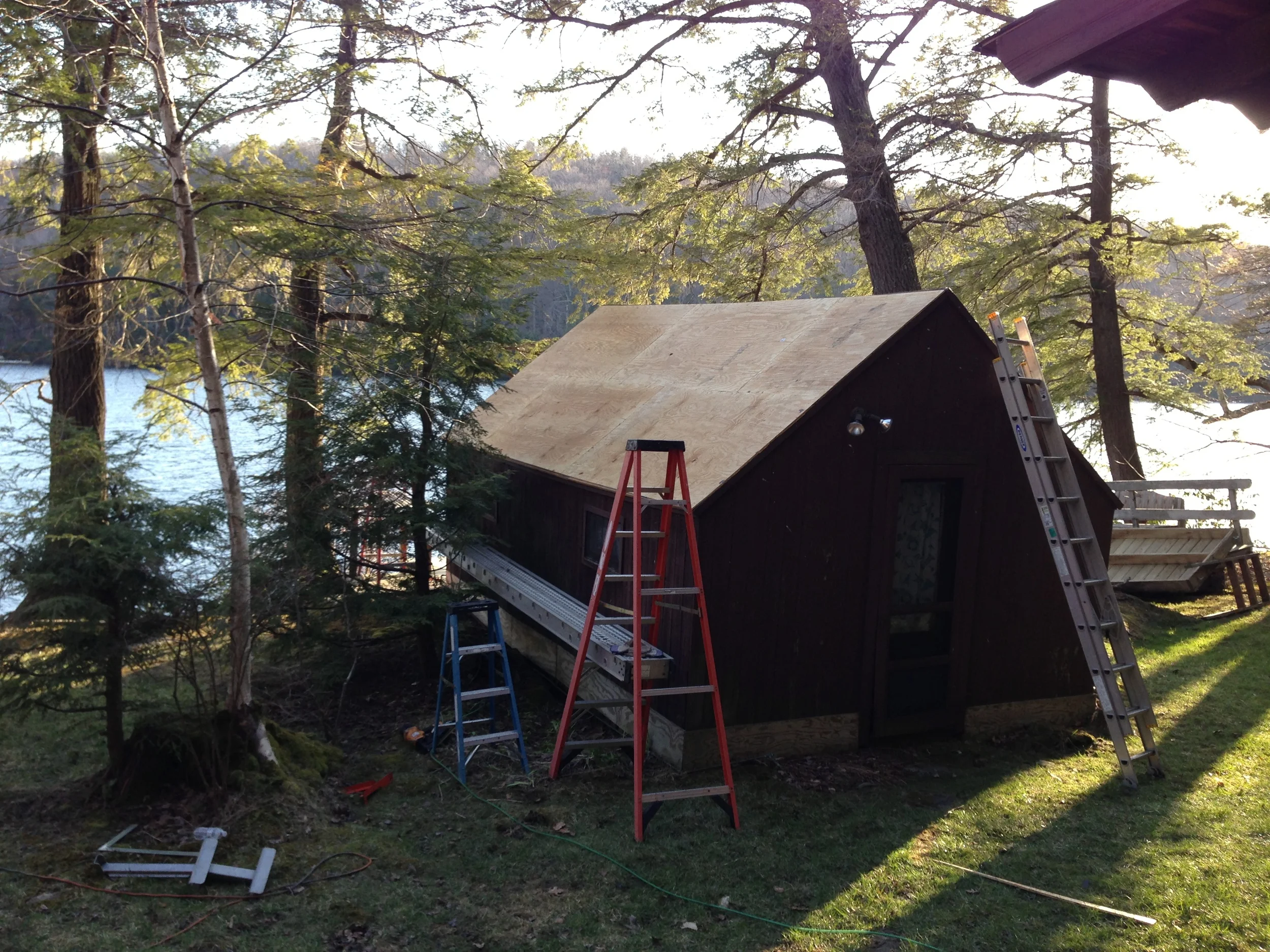 Plywood Sheathing Installed On Boat House Roof (During)