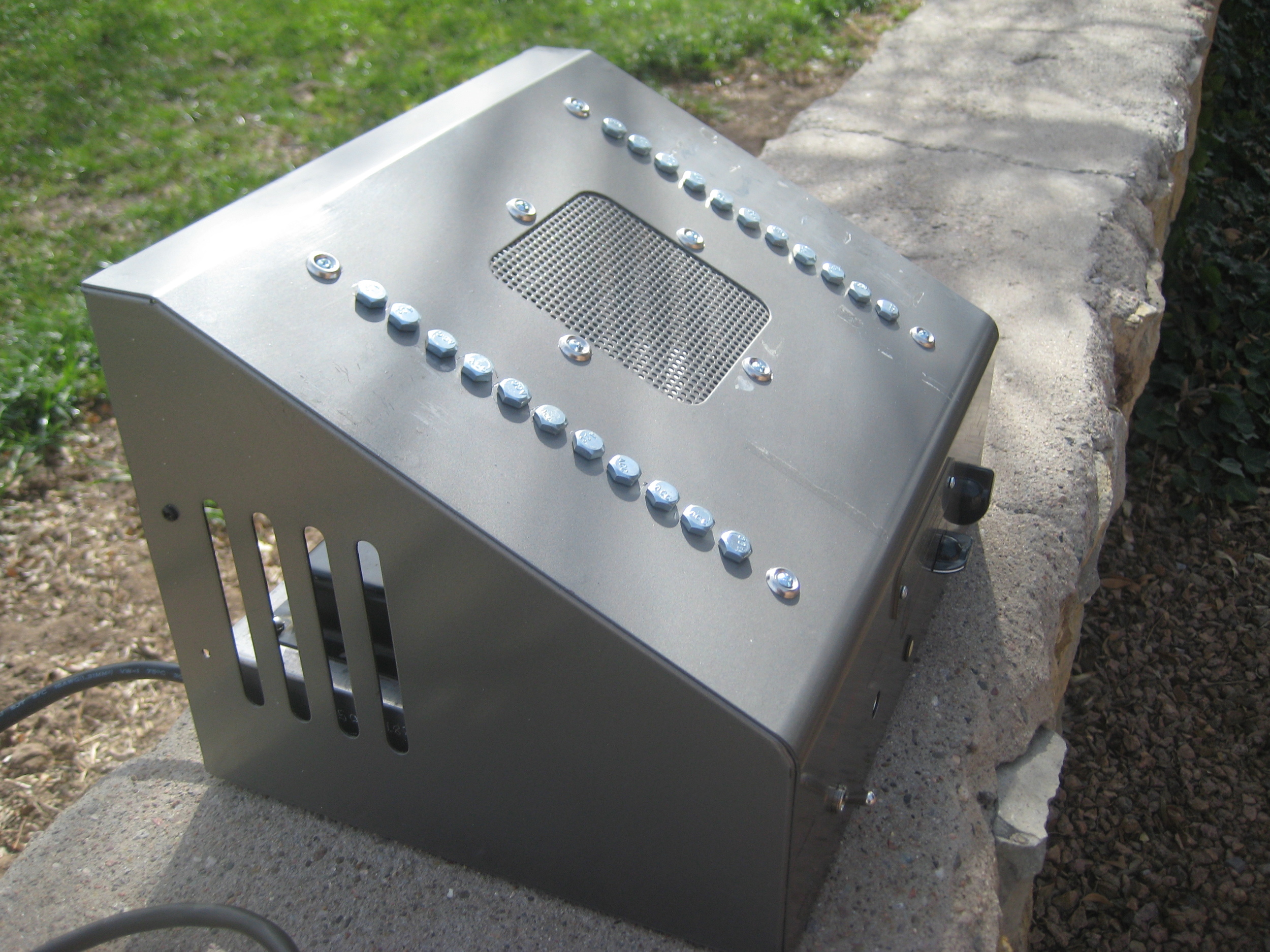 This Bogen PA was once used as a school intercom. Where the bolts are now had buttons for different class rooms. Funnily enough the inside was a lot like a Champ. I made it in a Tweed Princeton with a 6L6 output!