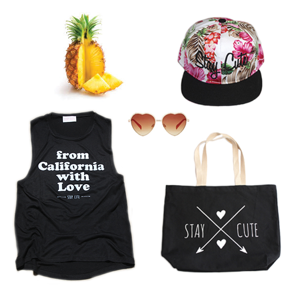 California Love muscle tank, $28 Stay Cute Hawaiian snapback $34 Jumbo Tote $24