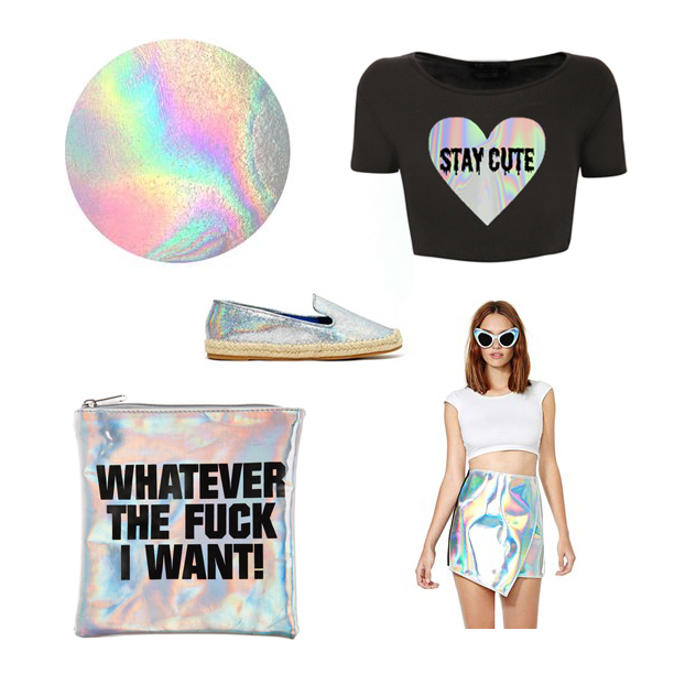 STAY CUTE LOGO HOLOGRAM CROP TEE, $28 UNIF META SKIRT, $125 NASTYGAL.COM MARRIED TO THE MOB CLUTCH, $25 JEFFREY CAMPBELL ABIDES FLAT, $132 NASTYGAL.COM