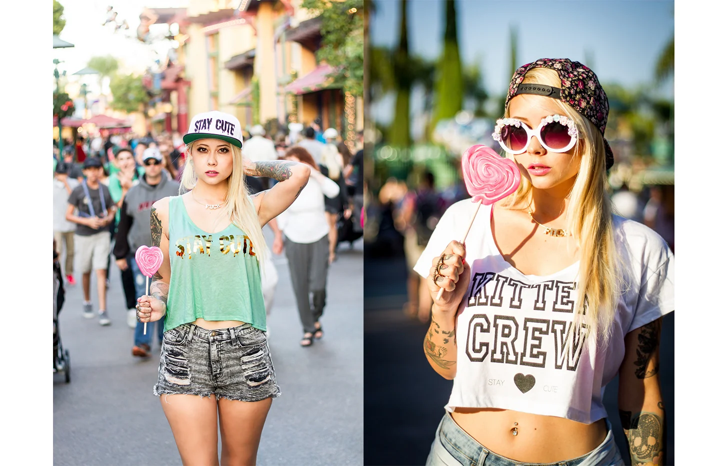 Mandee: Classic Black & White logo snapback, Metallic Gold Mint Crop // All Over Floral Snapback, Kitten Crew Crop Top
