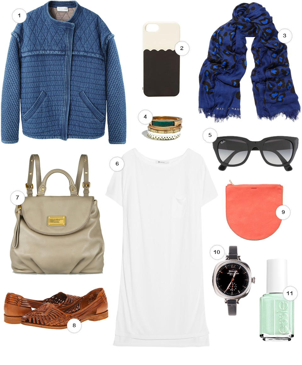 1 // Isabel Marant Etoile Kandisa Quilted Denim Jacket, La Garconne 2 // Kate Spade Scallop Pocket Phone Case, Zappos 3 // Marc By Marc Jacobs Sasha Leopard Scarf, NetAPorter 4 // Playlist Stacking Rings, Madewell 5 // Ray-Ban Thick Cat Eye Wayfarer Sunglasses, Jcrew 6 // Alexander Wang Jersey T-Shirt Dress, NetAPorter 7 // Marc By Marc Jacobs Classic Q Mariska Backpack, NetAPorter 8 // Frye Heather Huarache Sandals, Zappos 9 // Baggu Leather Pouch, Baggu 10 // Gomelsky 36mm Watch, NeedSupply 11 // Plucky Pistachio Shimmer Nail Polish, Essie 