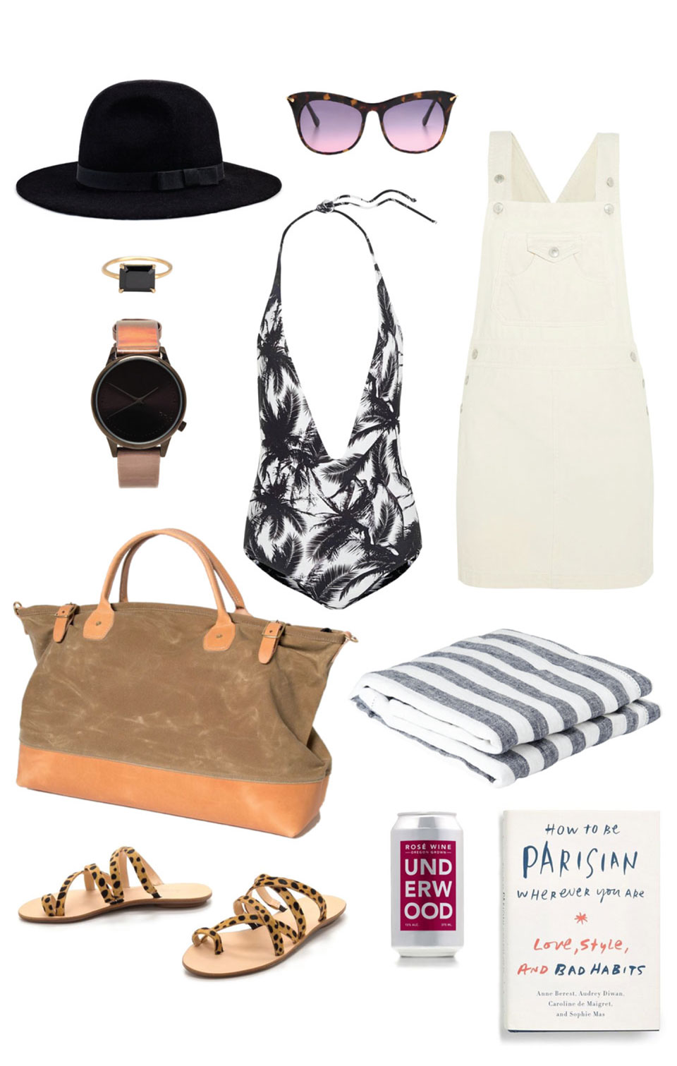 From left to right: Dalila Hat, Brixton // Elizabeth and James Sunglasses, Shopbop // Onyx Ring, Sunroom // Komono Watch, Revolve Clothing // Mikoh Swimsuit, Net A Porter // AG Jeans Overall Dress, Net A Porter // The Northwesterner Bag, Wood & Faulk // Striped Midnight Blue Linen Towel, Frescobol Carioca // Sarie Strappy Sandle, Loeffler Randall // Rose Underwood Wine in a Can, Union Wine Co // How To Be Parisian Wherever You Are, Amazon