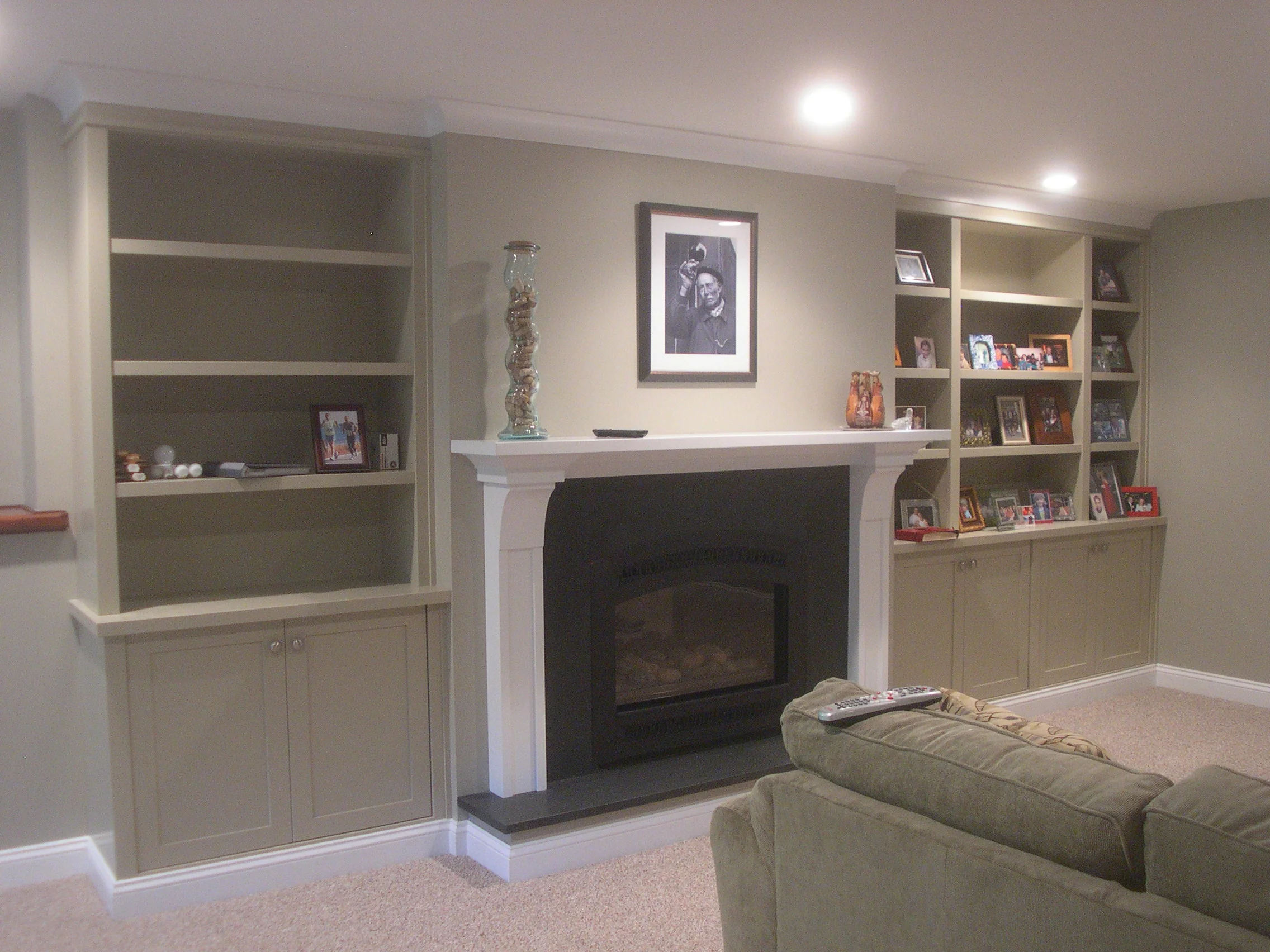 Family room mantle and wall cabinets