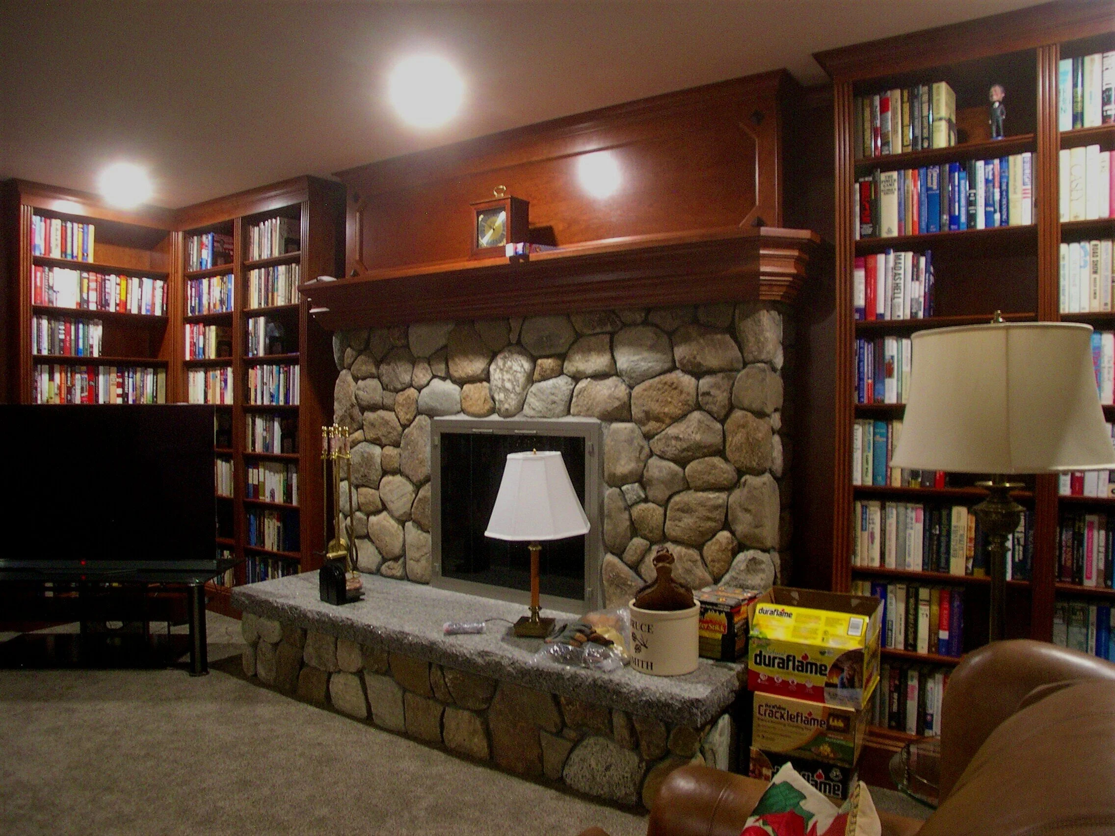   Downstairs library mantle, stained cherry with clear lacquer finish  