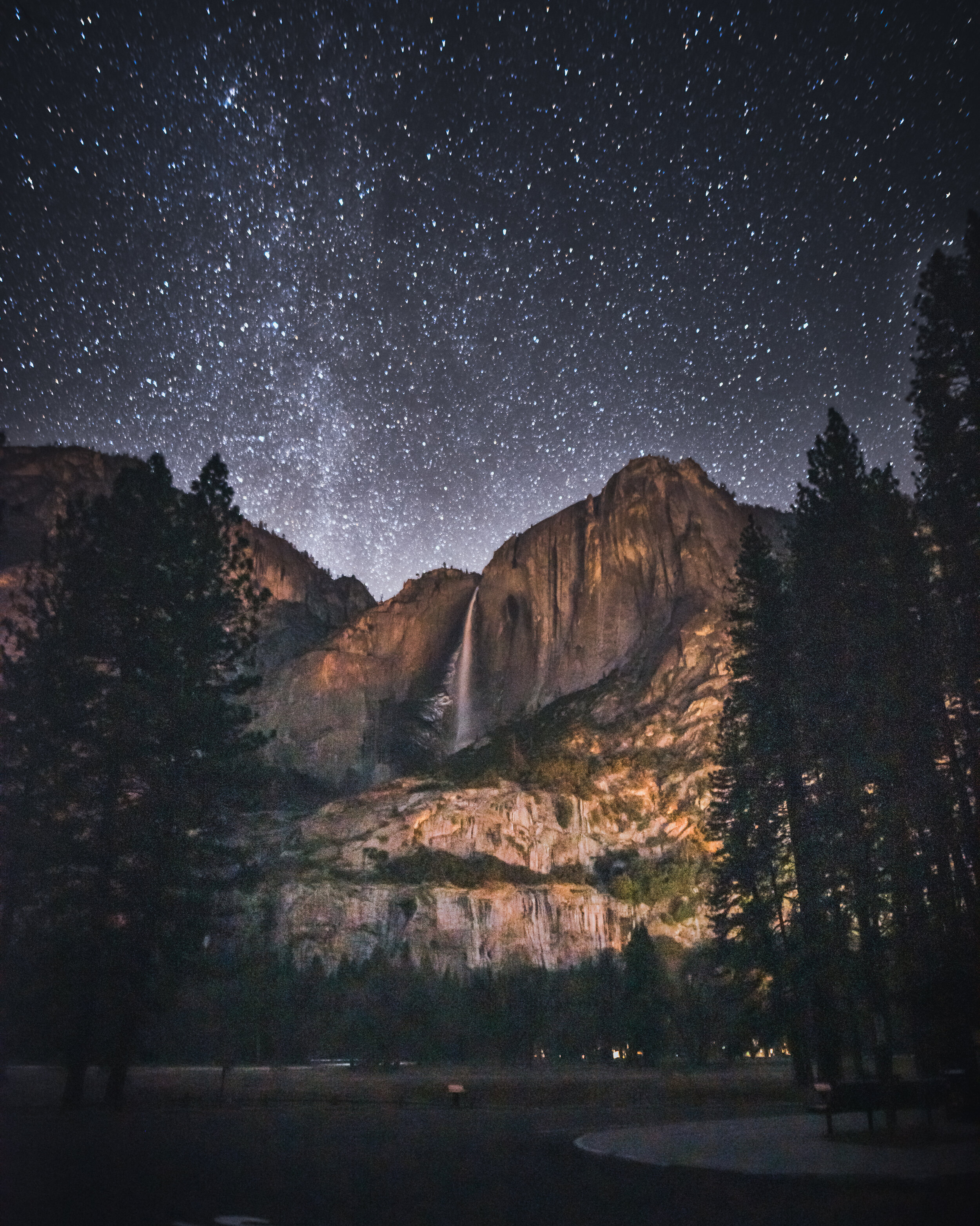 Yosemite Falls at night. Yosemite National Park, California 