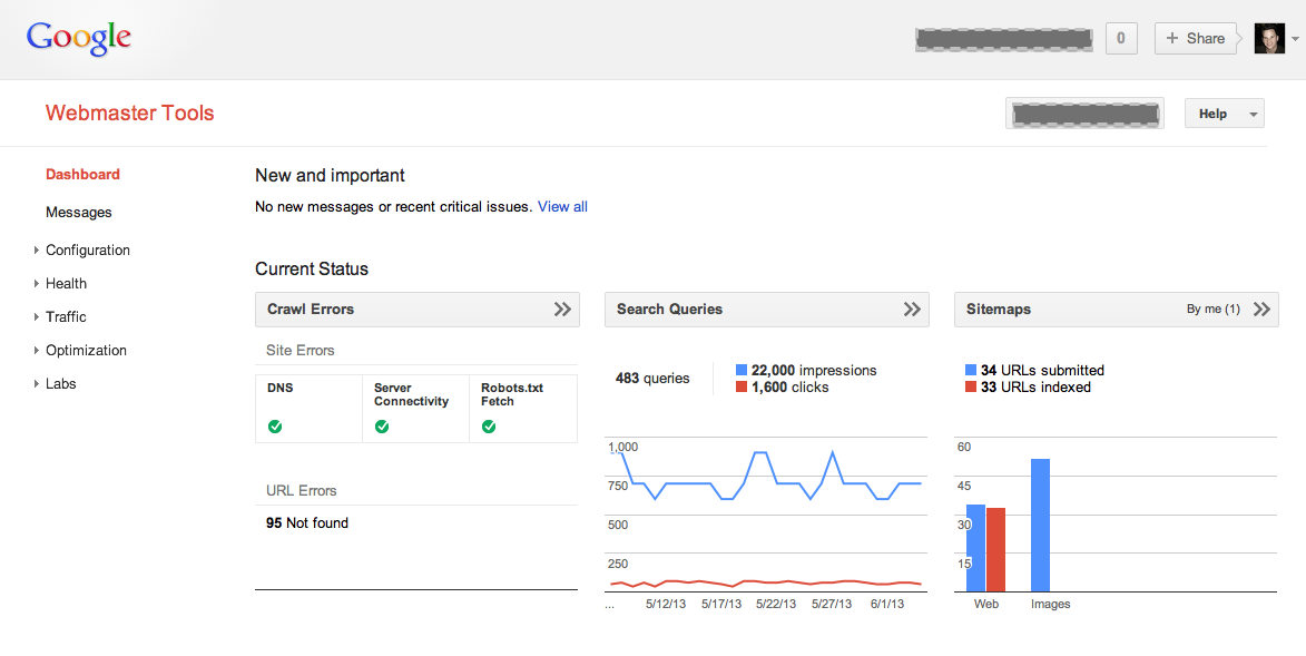 Google Webmaster Tools Dashboard