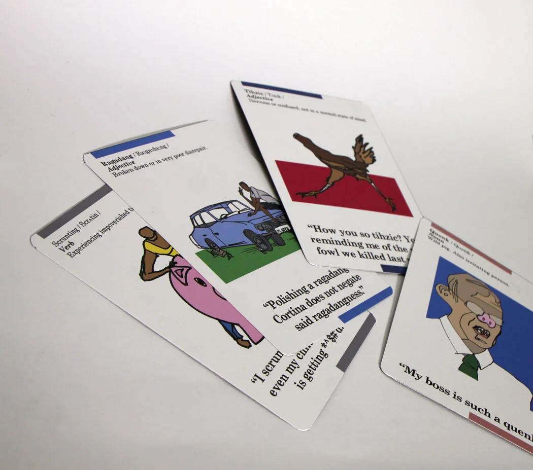 Trini Slang flash cards; front
