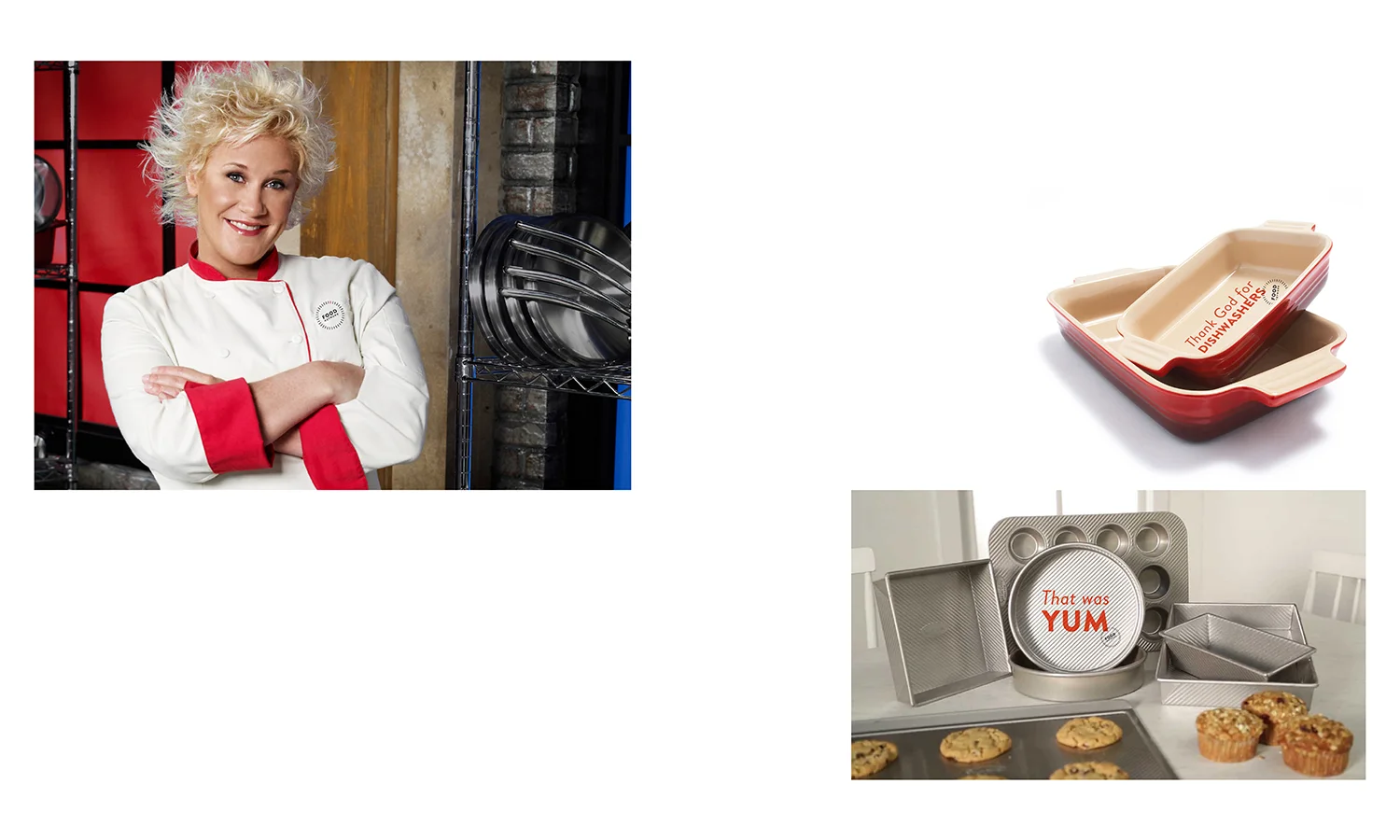 One of the Food Network chefs, Anne Burrel and branded kitchenware.