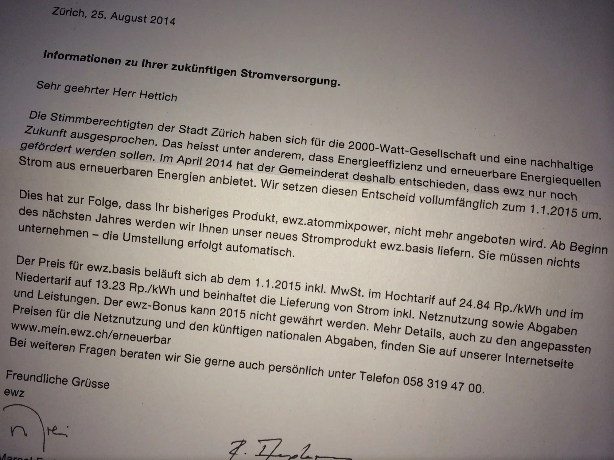 Brief der ewz vom 25. August 2014 (eigenes Bild)