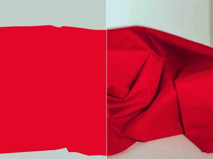 Here you can see our red fabric as both a pigment color on the left (the chemical color it was dyed) and as reflected color on the right, the color we see under most circumstances.