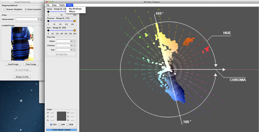 Color space of blue/black dress view from top in 3D.