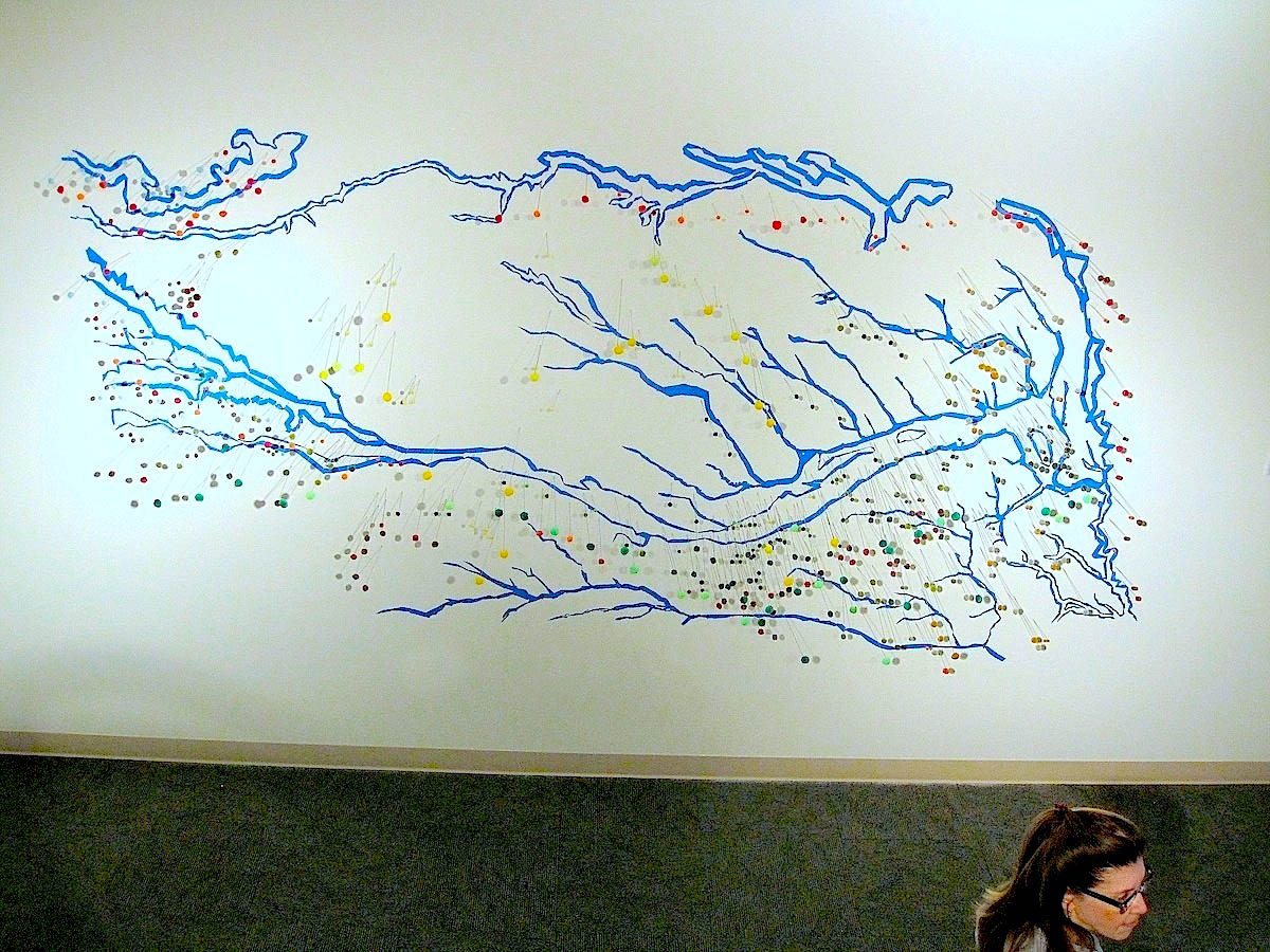    Watered Down  , Norfolk Art Center, NE Map of Nebraska waterways Painters tape, wire, pom poms 