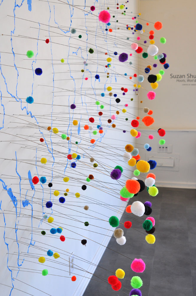  Five Points Gallery, Torrington, CT  Hoots, Wail, Buzz &nbsp;2014  Map of CT Water ways and ground water wells painters tape, pom poms and wire 