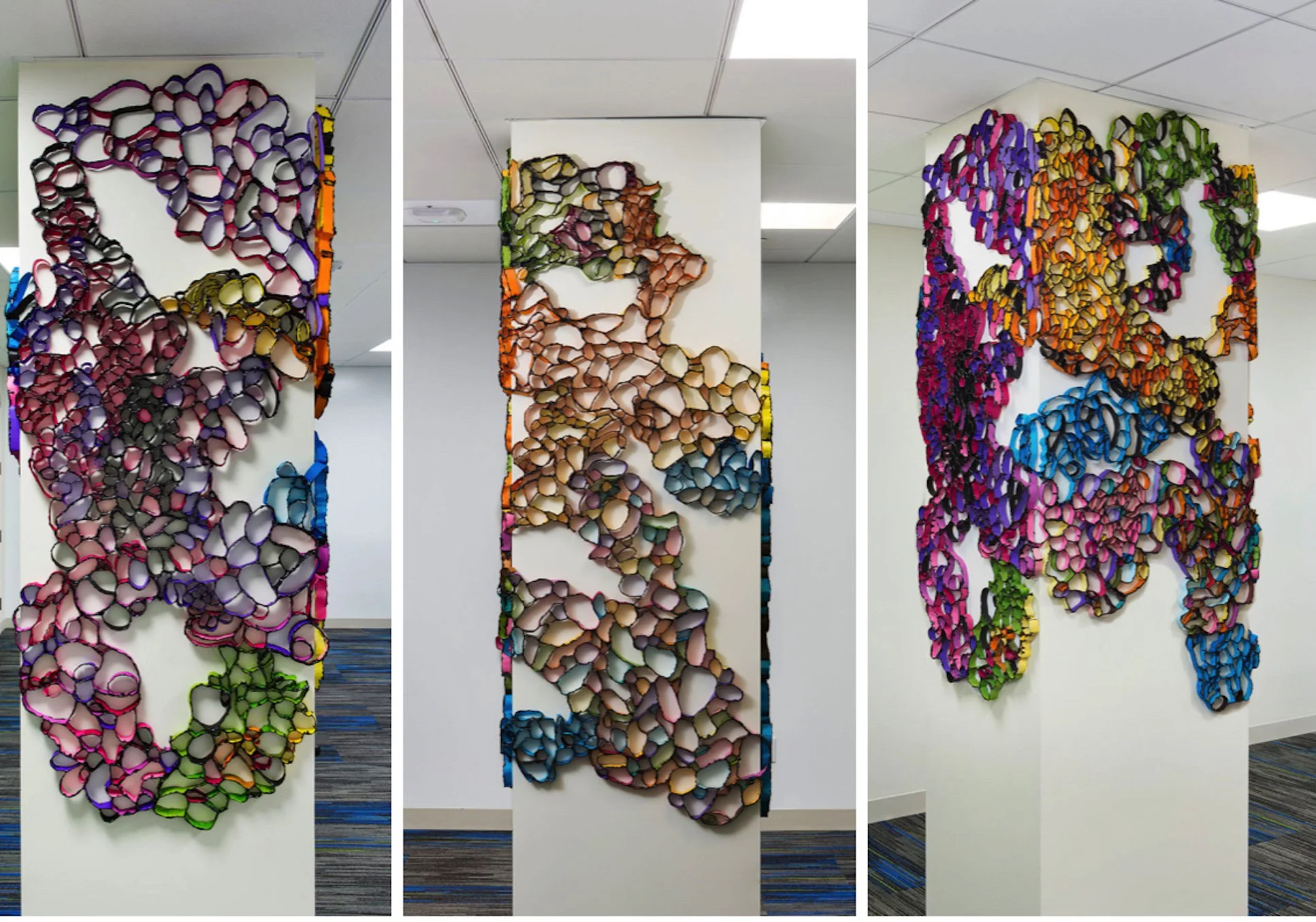 Sloan Kettering Hospital, NYC, NY | 
"Molecular Growth" | 2020 | Hand Cut Papers, Industrial Glue | 8' x 2' x 2',  3 columns (4 sides)
