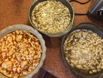 Focaccia prepared for second rise, doused in herb oil. I used an Italian seasoning blend with garlic powder and a little salt for the two that are green; the third is the same blend with some paprika added just for fun.