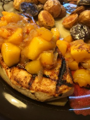 Finished product--grilled swordfish with mango peach salsa (and roasted baby potatoes)
